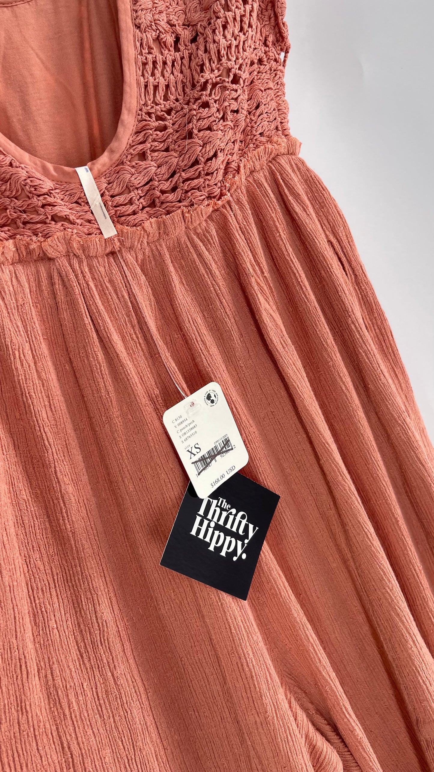 Free People Rose/Peach Pink Wide Leg Jumpsuit with Crochet Bust and Tags Attached (XS)