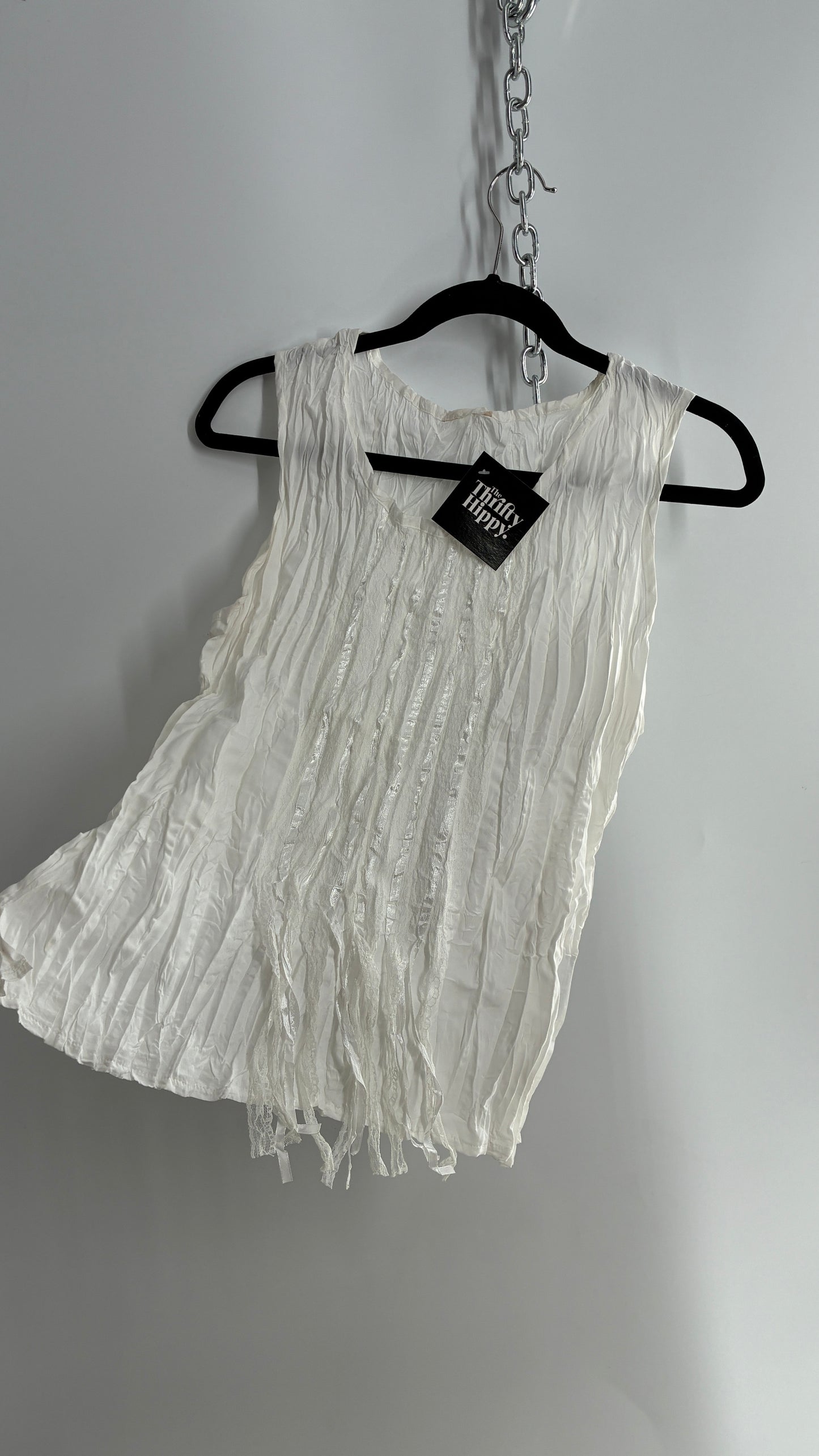 Vintage 1990s Crimped White Camisole with Tassels, Ribbons, and Lace (Medium)