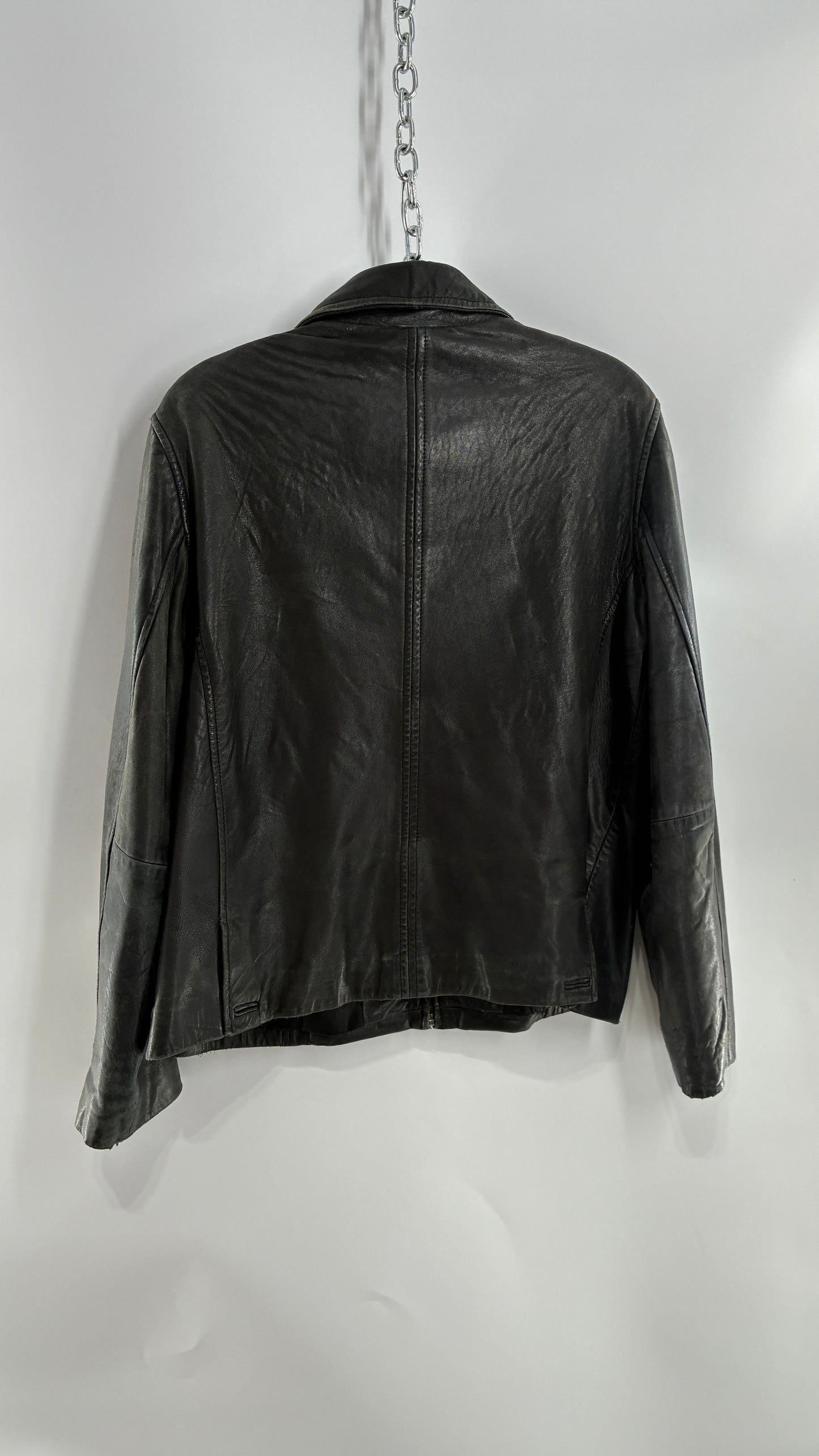 Vintage WINLIT New York Black Leather Collared Zip Front Paneled Jacket (Large)