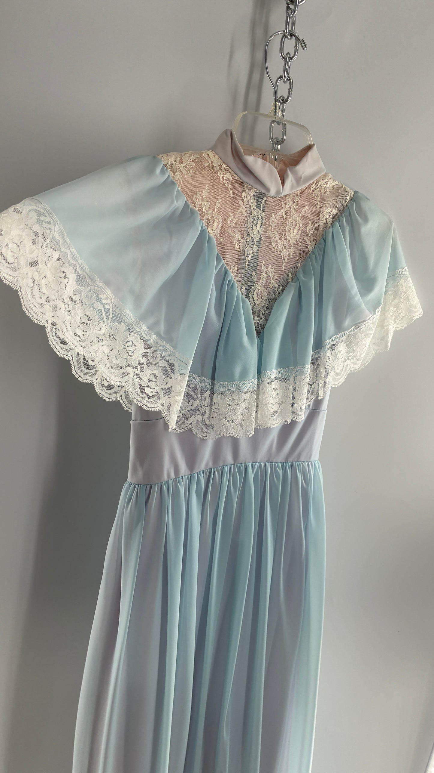 Vintage Handmade 1960s Powder Blue Overlay, Lilac Underlay Gown, Prairie Wedding Dress