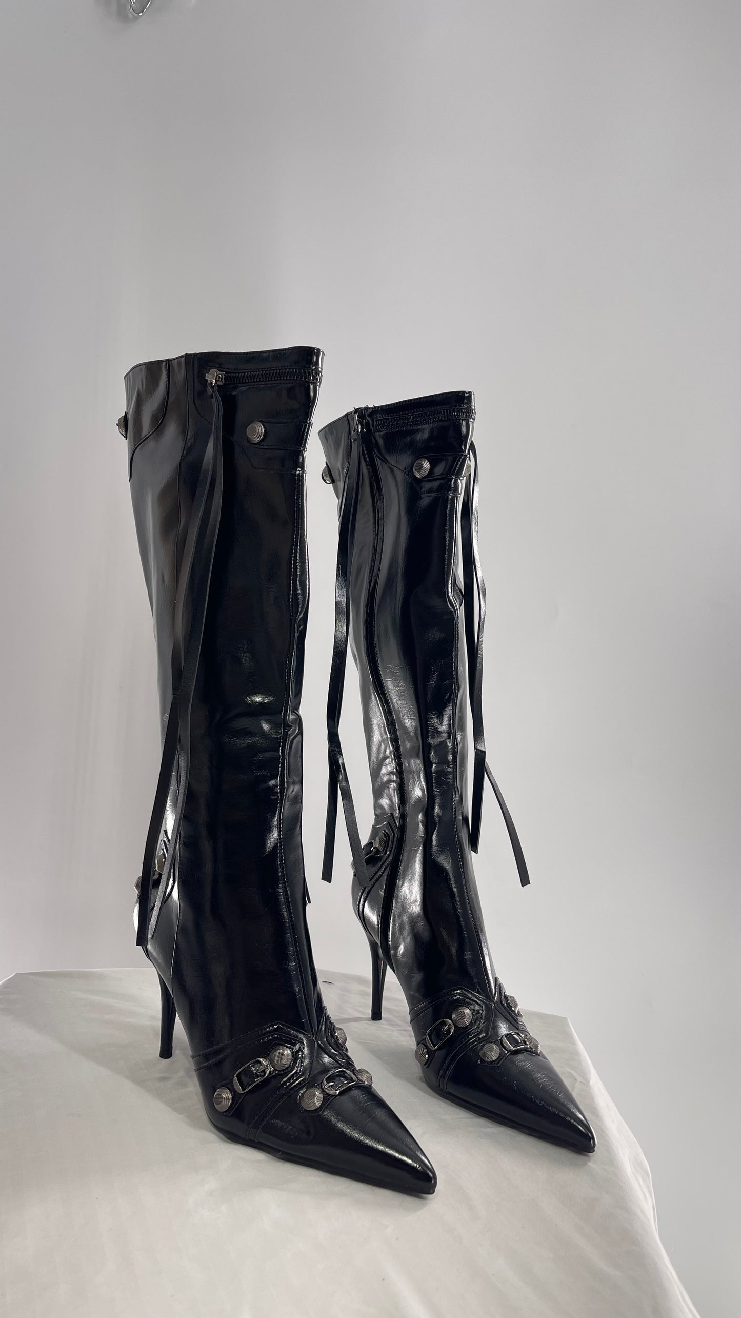 Black Pointed Toe Strappy Heeled Knee High Boots with Metal Hardware Details (10)