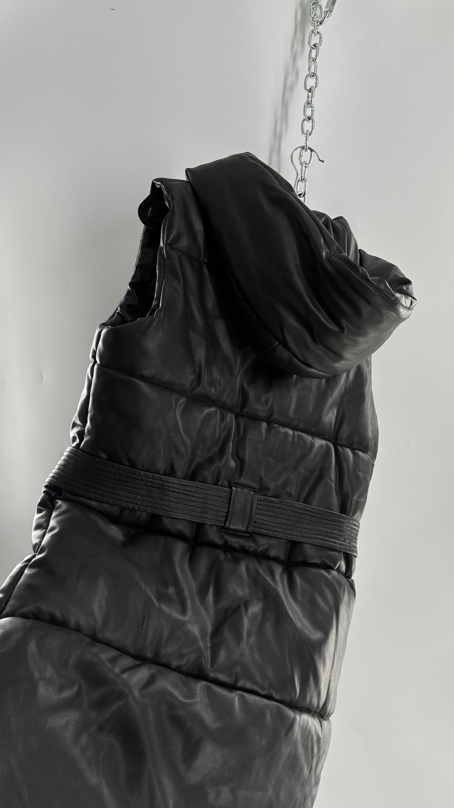 River Island Black Vegan Leather Puffer Style Sleeveless Vest (Small)
