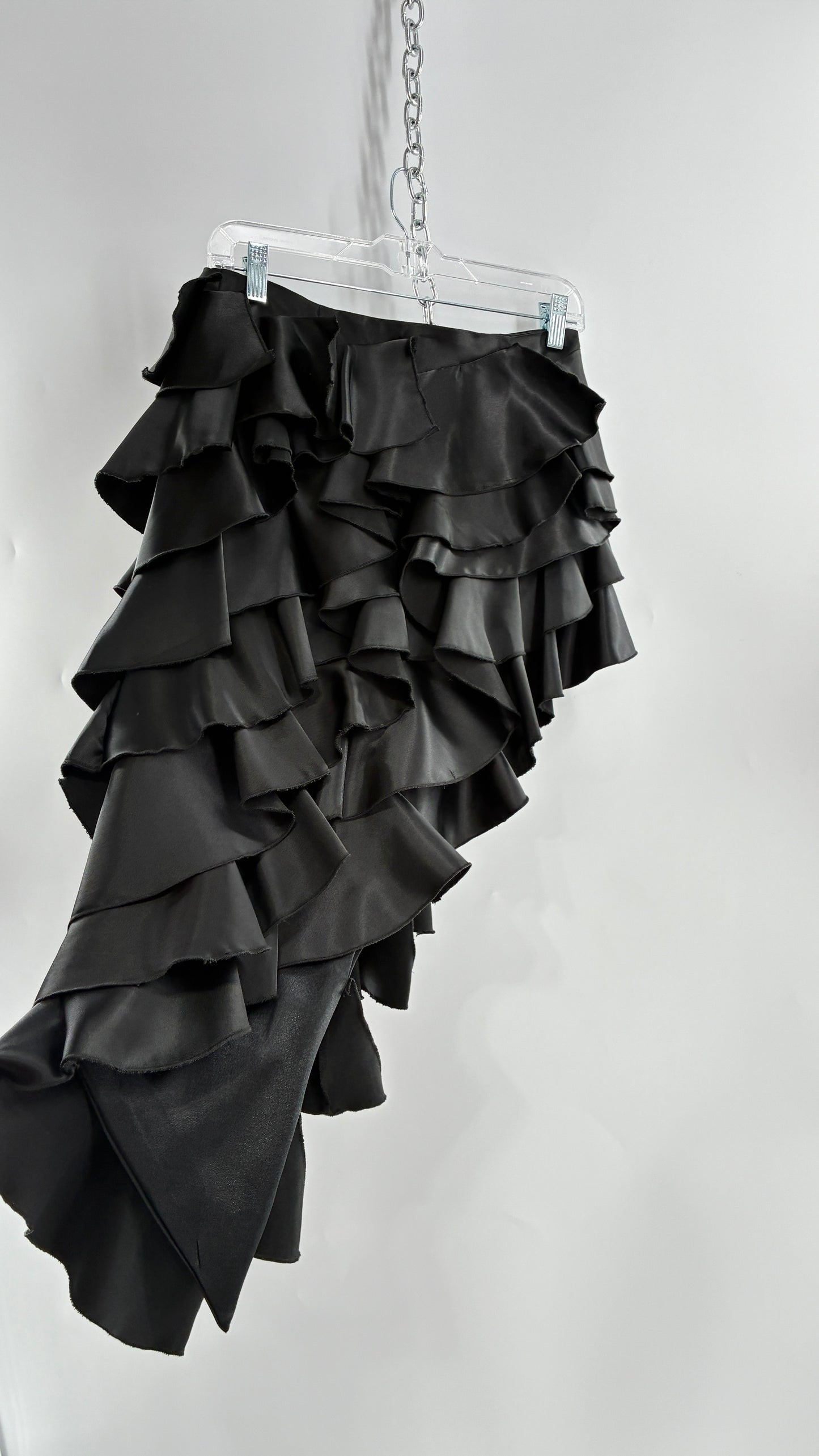 Deadstock Rare 1990s Vintage FRILLY LILLY Black Ruffled Asymmetric Skirt (8)