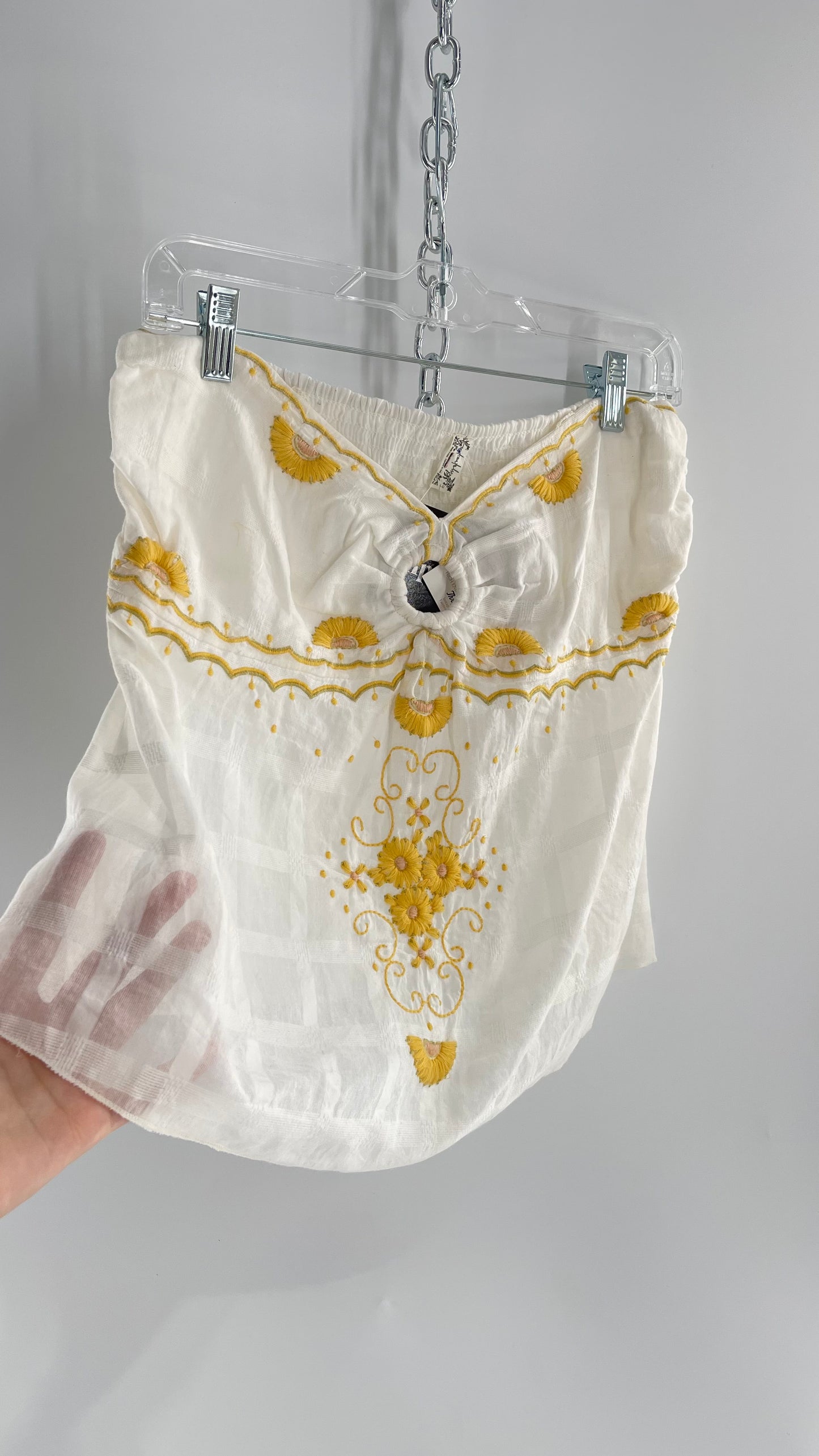 Intimately Free People White Cotton Tube Tank with Yellow Embroidered Detailing (L)