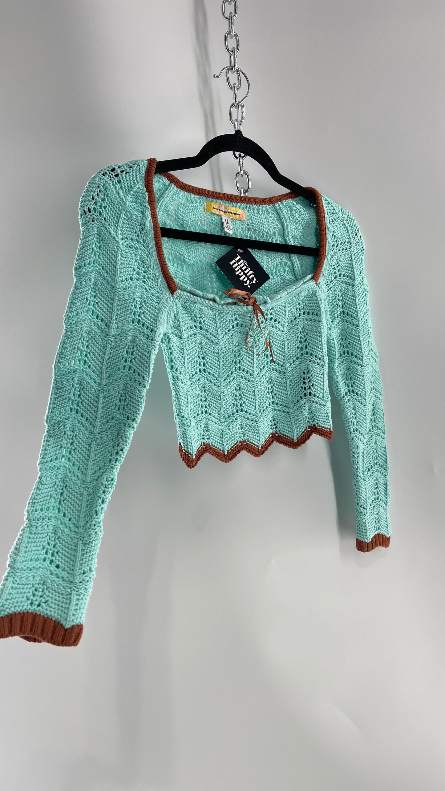 Urban Outfitters Baby Blue Cropped Knit Top with Brown Piping and Ribbon Neckline (XS)