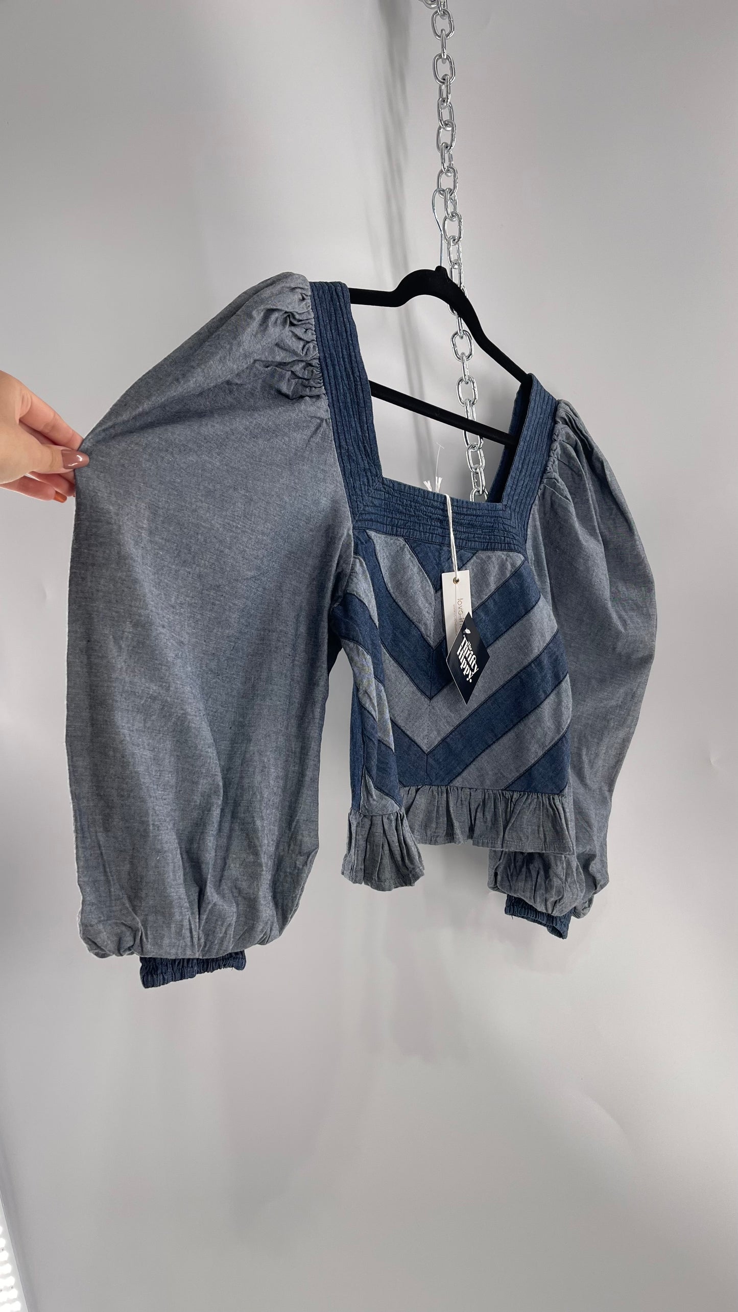 Love the Label ANTHROPOLOGIE Chambray, Chevron, Denim Smocked Blouse with Dramatic Sleeves and Tags Attached (Small)