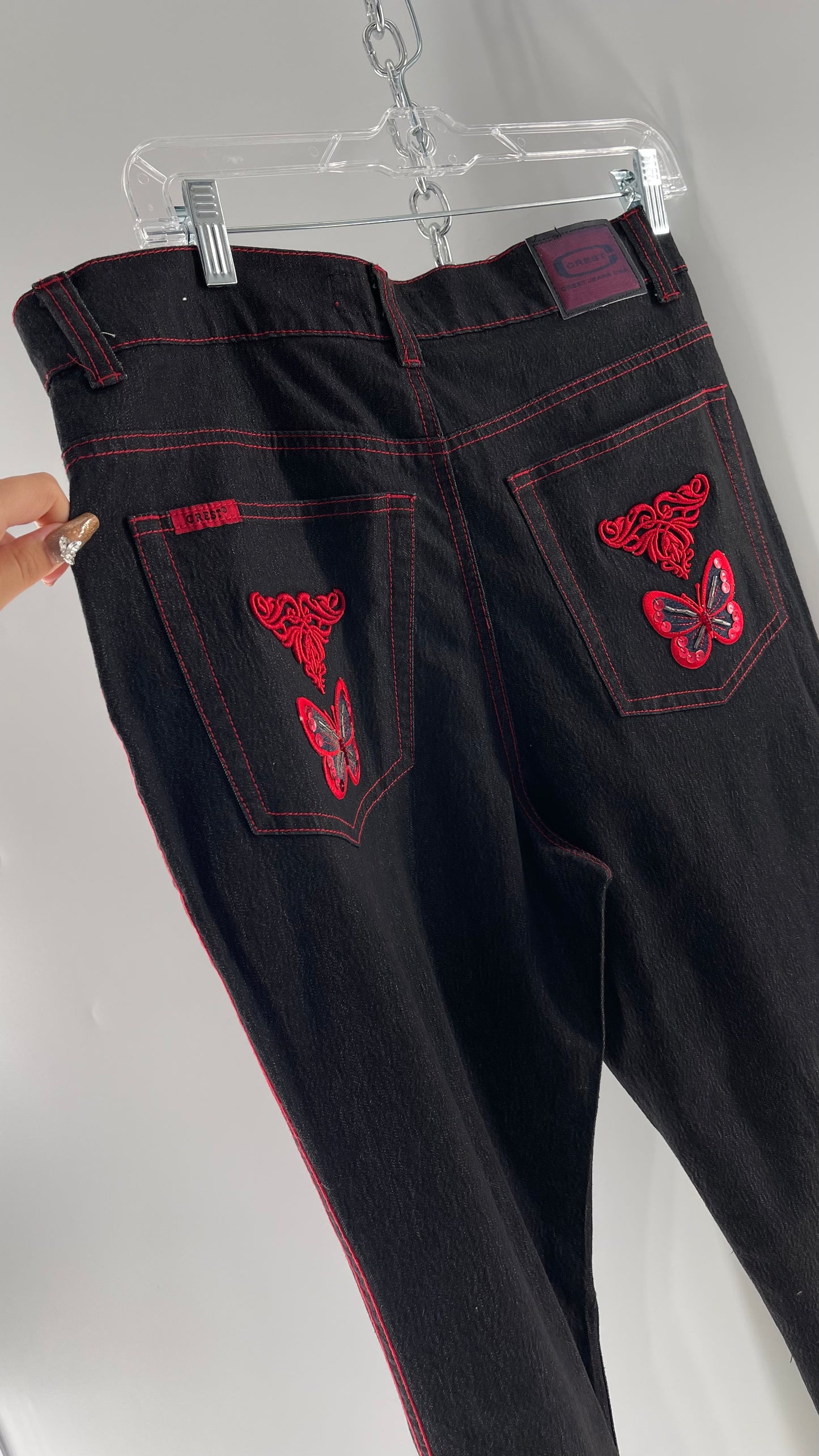 Rare Vintage Black Crest Jeans with Red Contrast Stitching and Butterfly Embroidery on Thigh and Back Pockets (14)