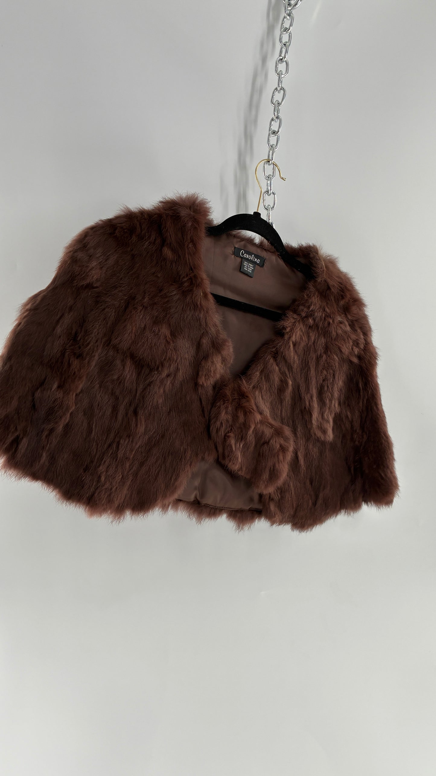 Vintage CAROLINE 100% Rabbit Fur Brown Shrug Cape with Oversized Round Buckle (One Size)
