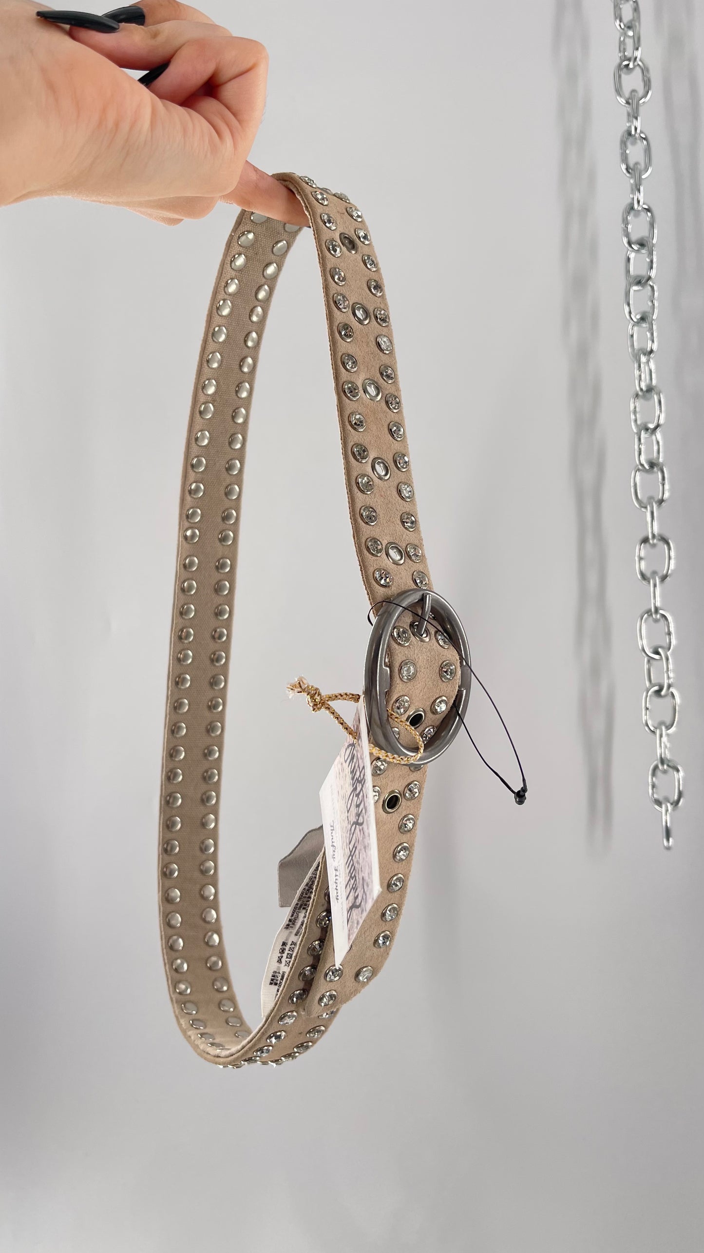 Free People Beige Leather Canvas Studded Rhinestone Crystal Studded Belt with Heavy Metal Buckle (S/M)