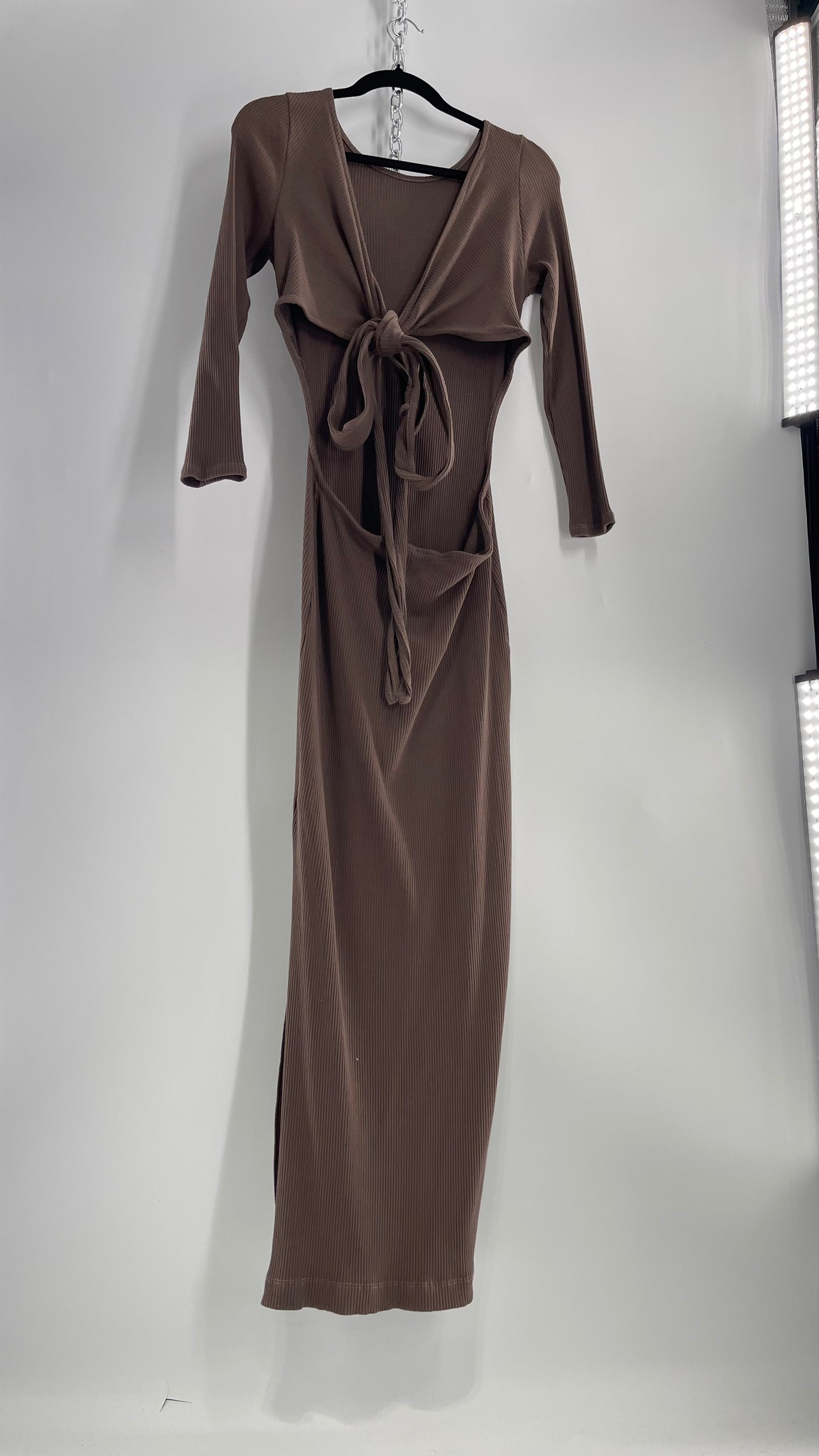 Free People Brown Ribbed Maxi Dress with Low Open Back and Dramatic Tie Detail (Large)