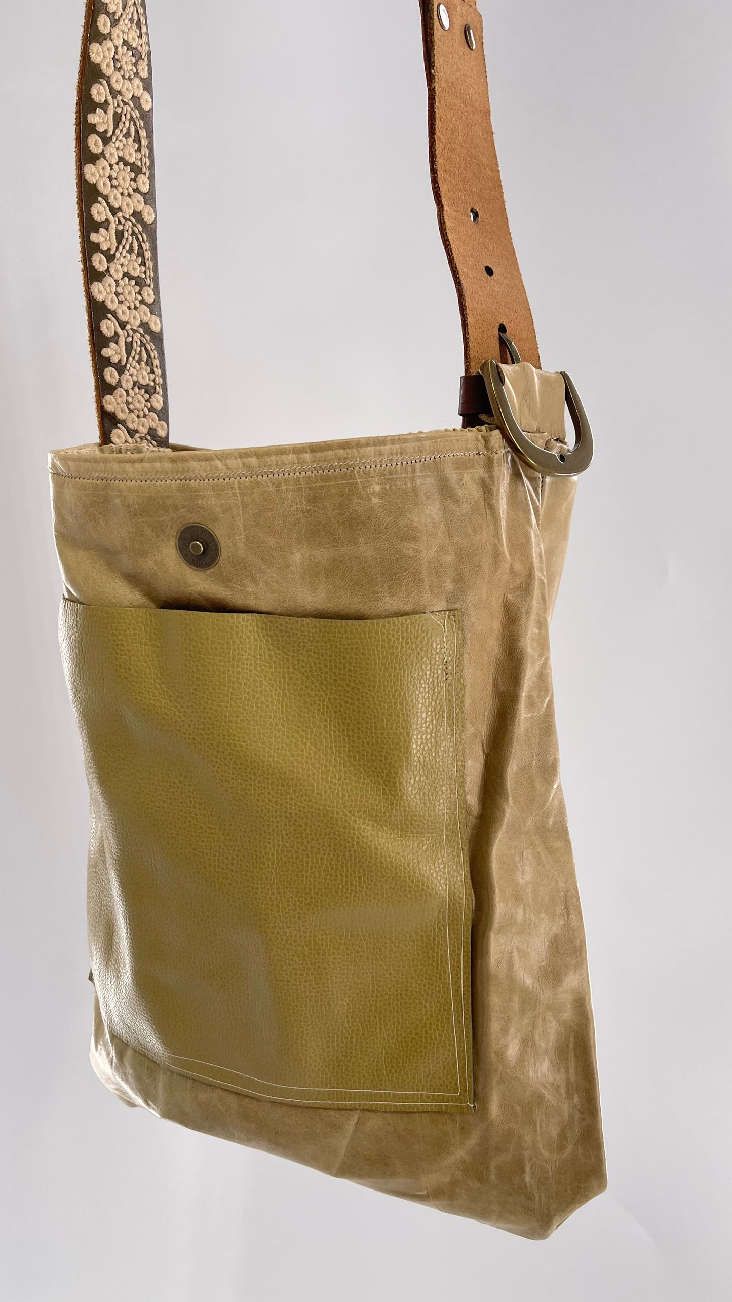 Tote with Embroidered Gold Exterior, Embroidered Leather Strap and Leather Interior - Shown Reversed