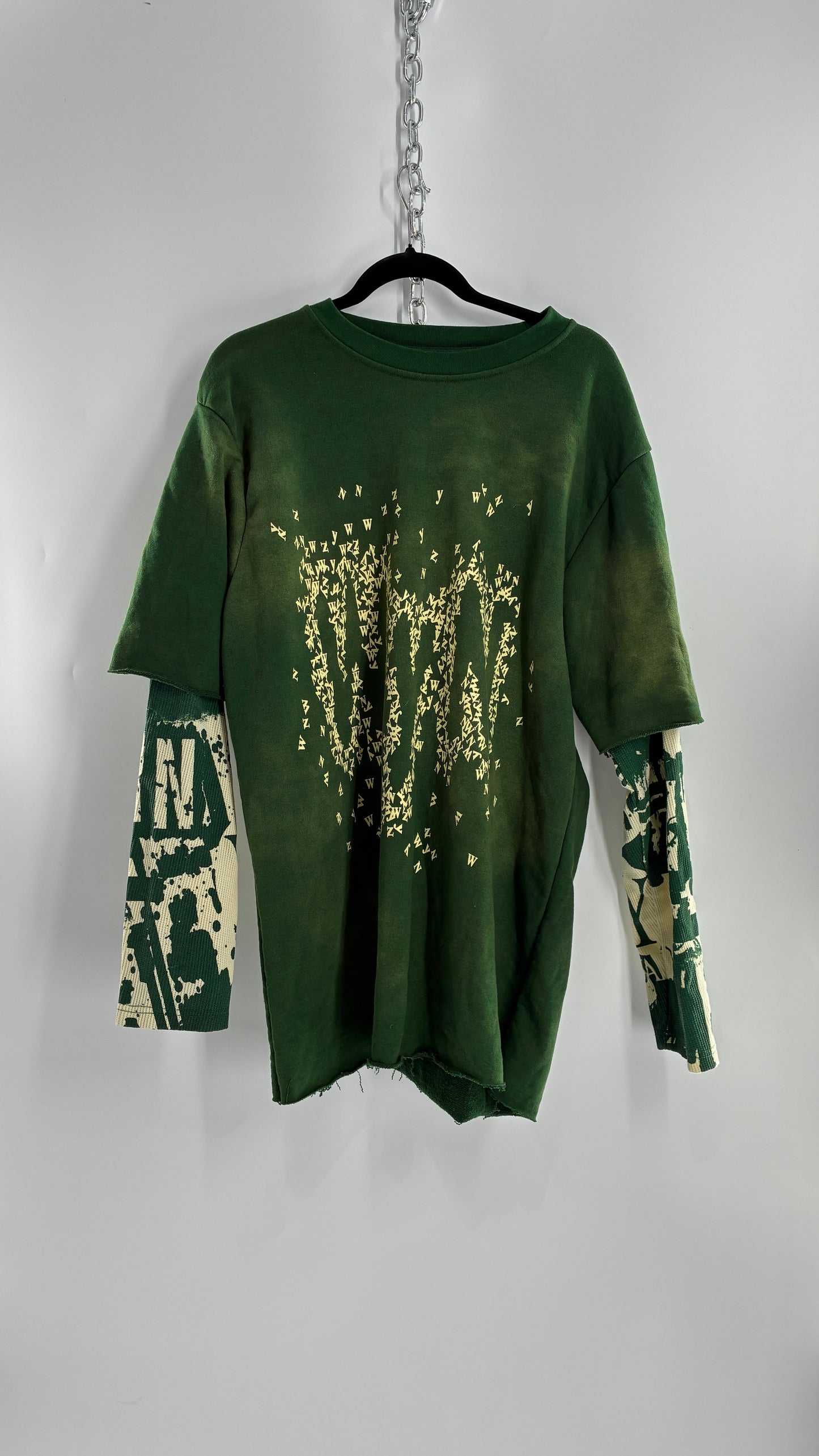 WYN Green Paint Splattered Henley/Baggy T Shirt Men’s Long Sleeve (XXXL)
