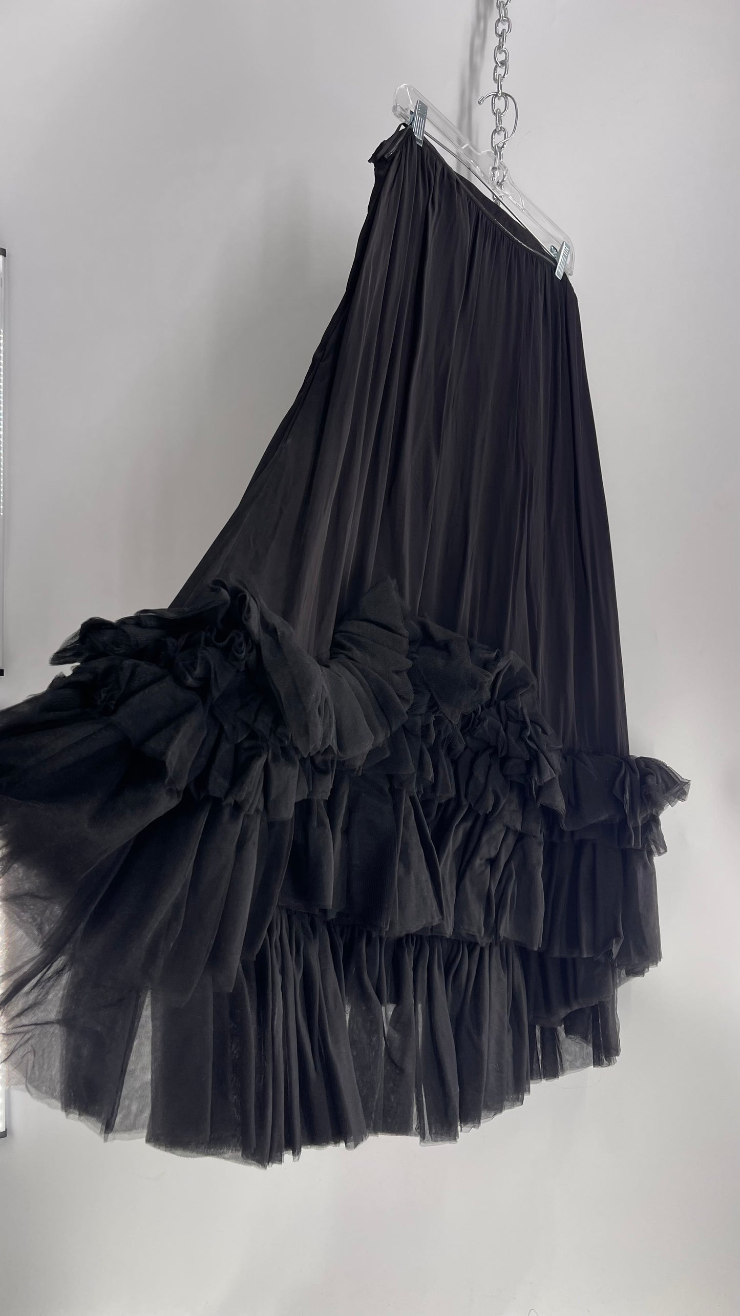 Anthropologie Black Voluminous Full Gown with Pleated Tulle Hemline Detail (M/L)