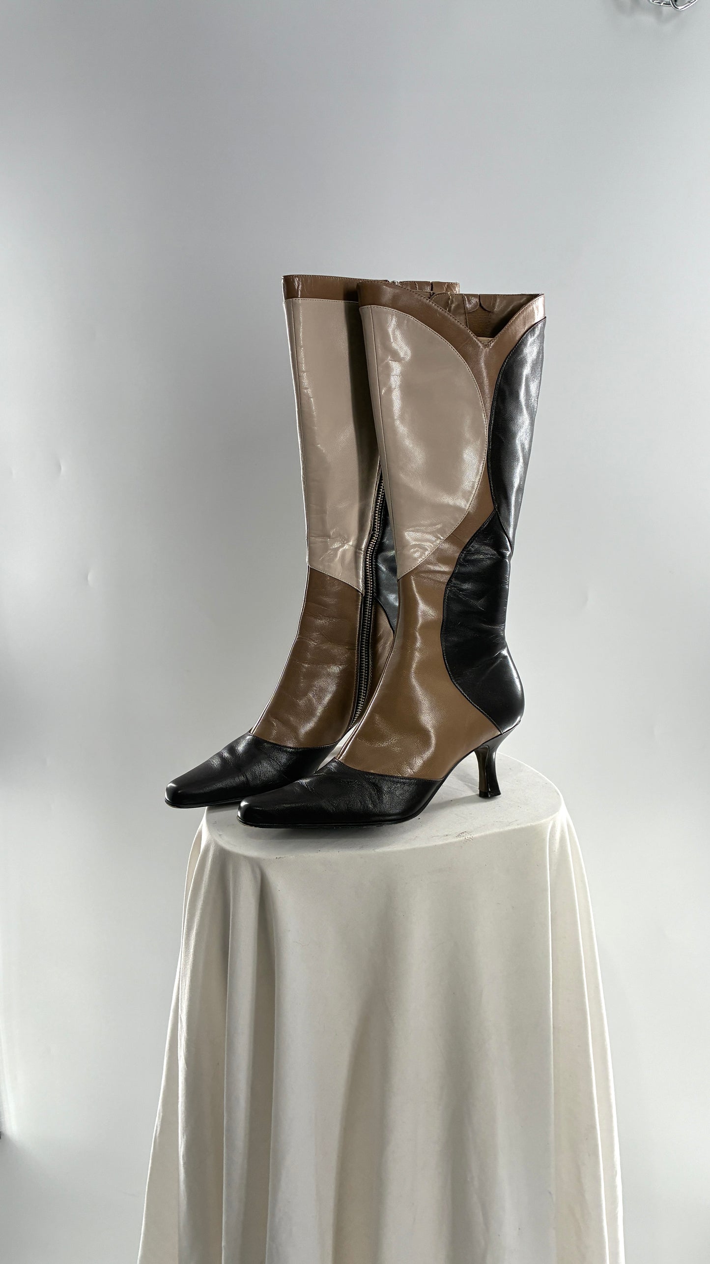 Vintage ANN MARINO Knee High Pointed Toe Abstract Patchwork Boots (6.5)