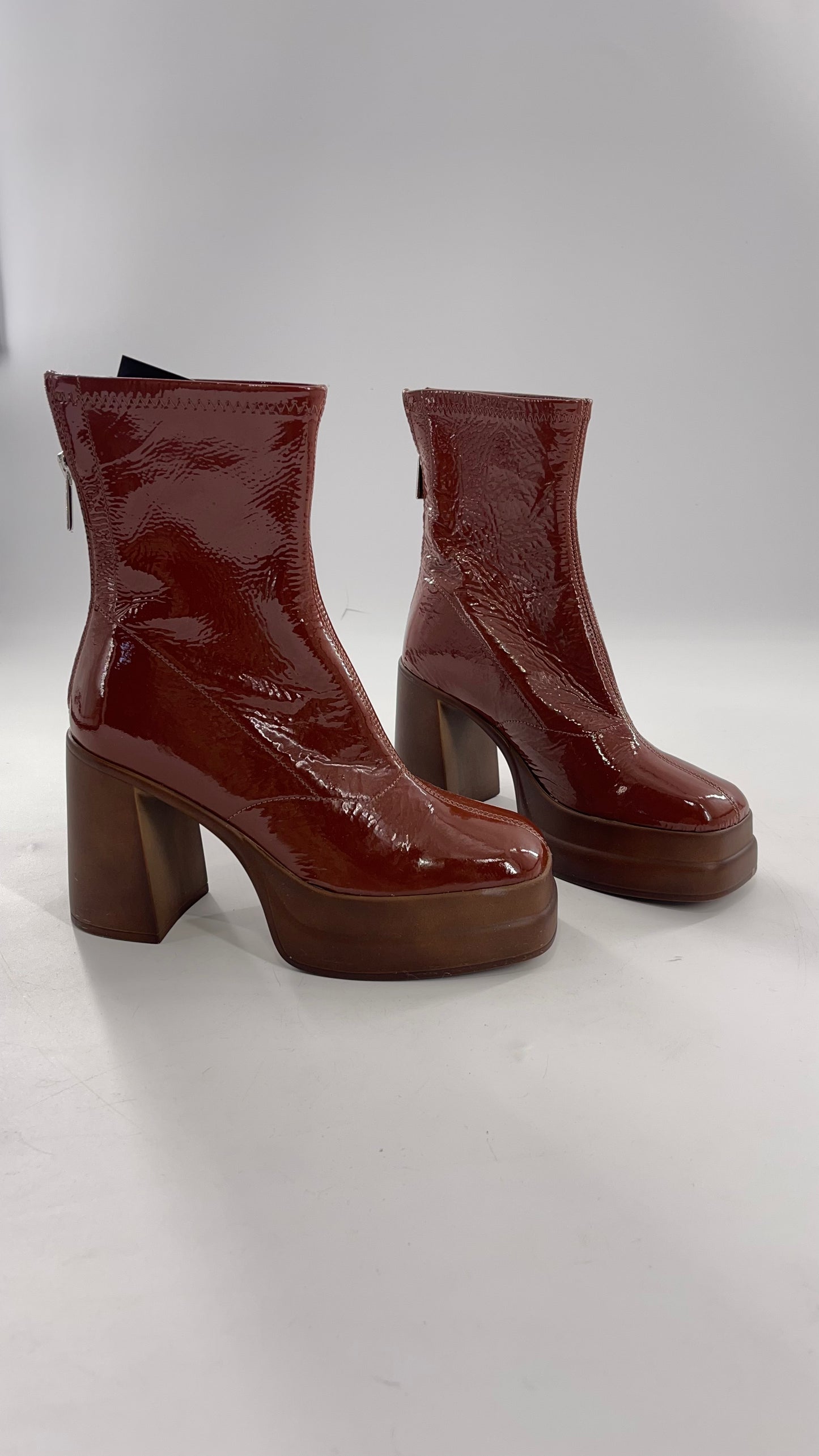 Free People Double StackedGlossy Patent Chestnut Brown Platform Boots with Chunky Heels (37.5)