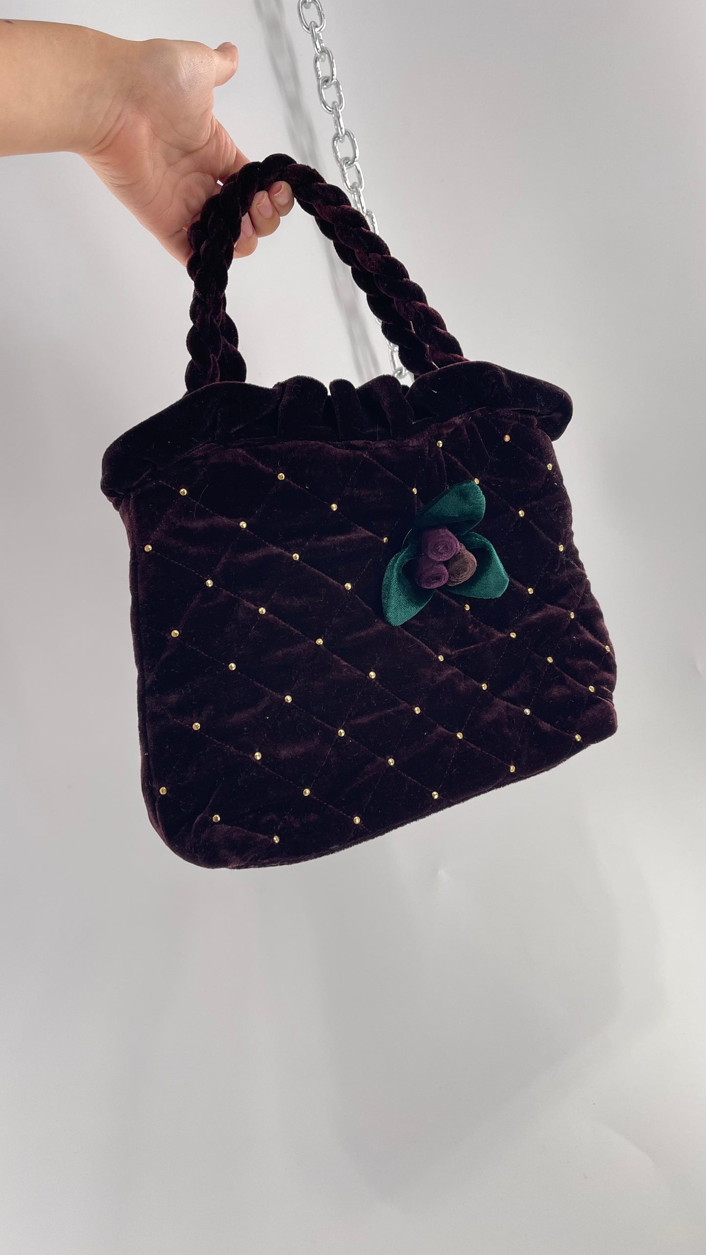 Vintage Purple Violet Velvet Quilted Purse with Rope Handles and Gold Metal Closure