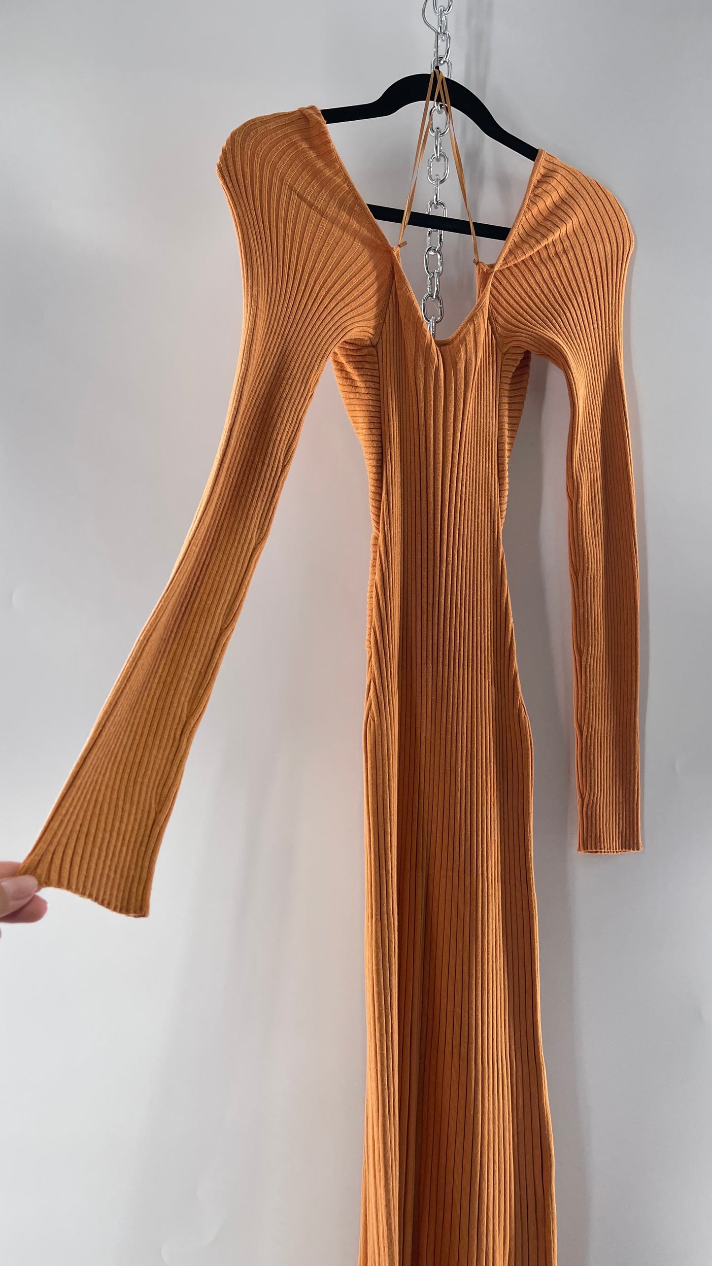 Free People Orange Ribbed Knit Maxi Dress with Cross Over Exposed Midriff Dress (Medium)