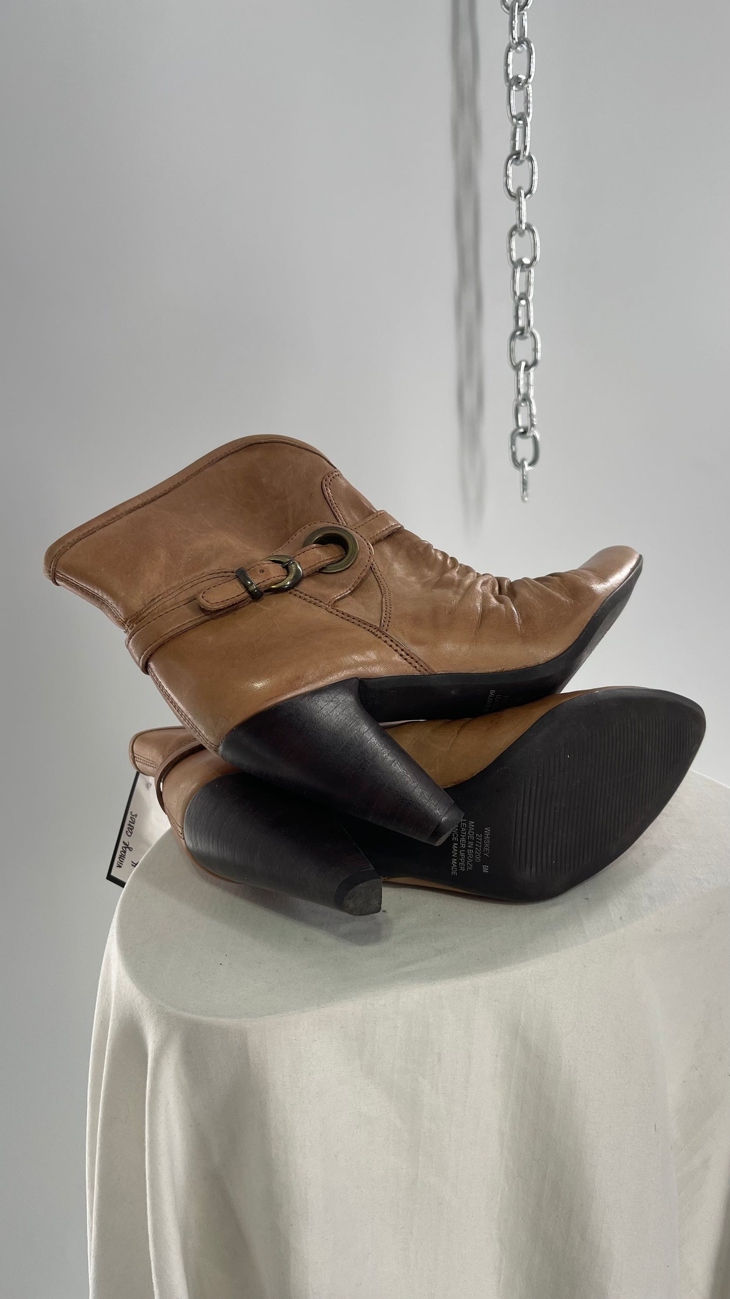 Vintage Pointed Toe Booties with Ruching and Belt Detail Made in Brazil