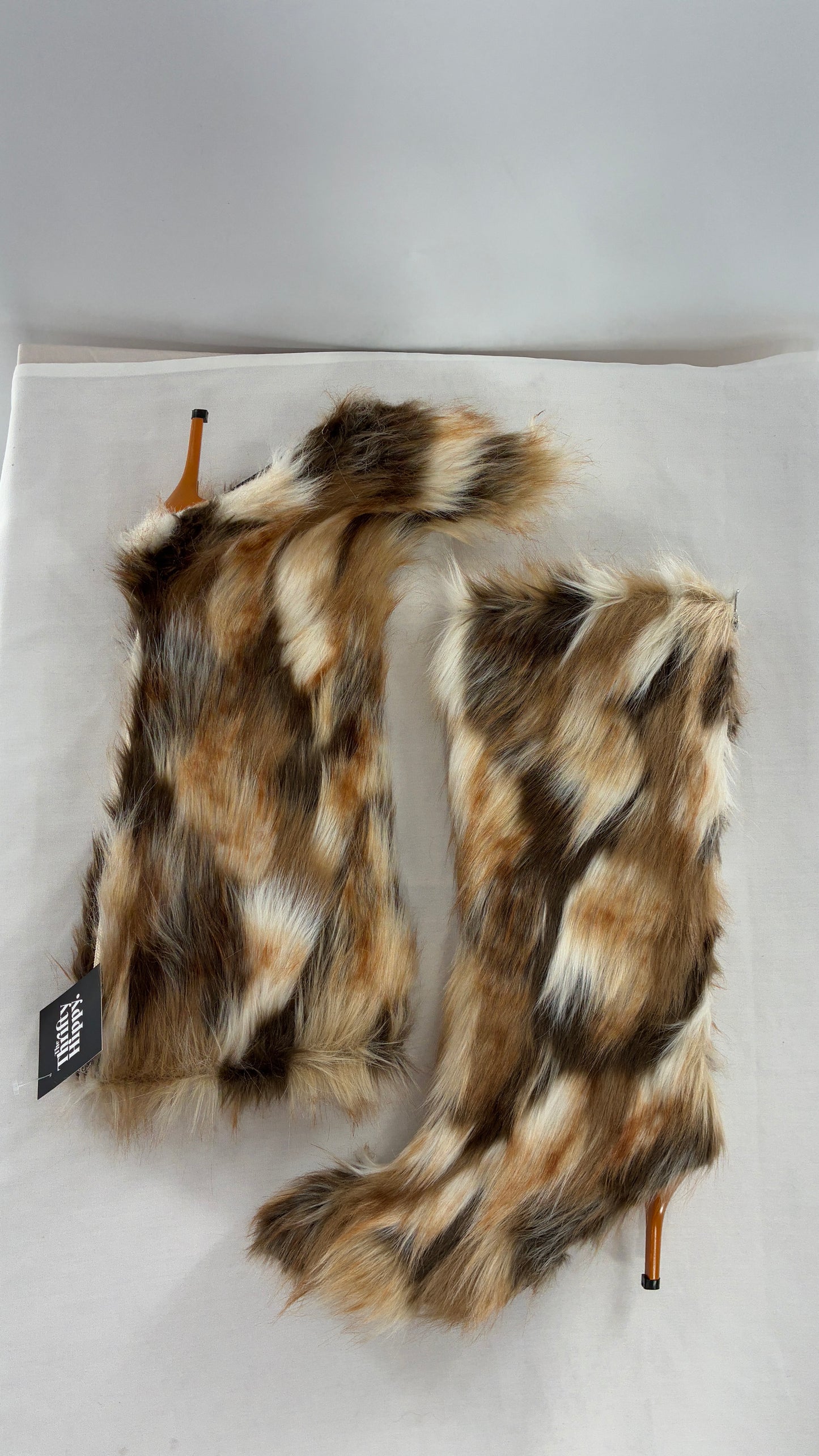 Vintage Mixed Tone Vegan Fur, Knee High, Pointed Toe Boots (43)