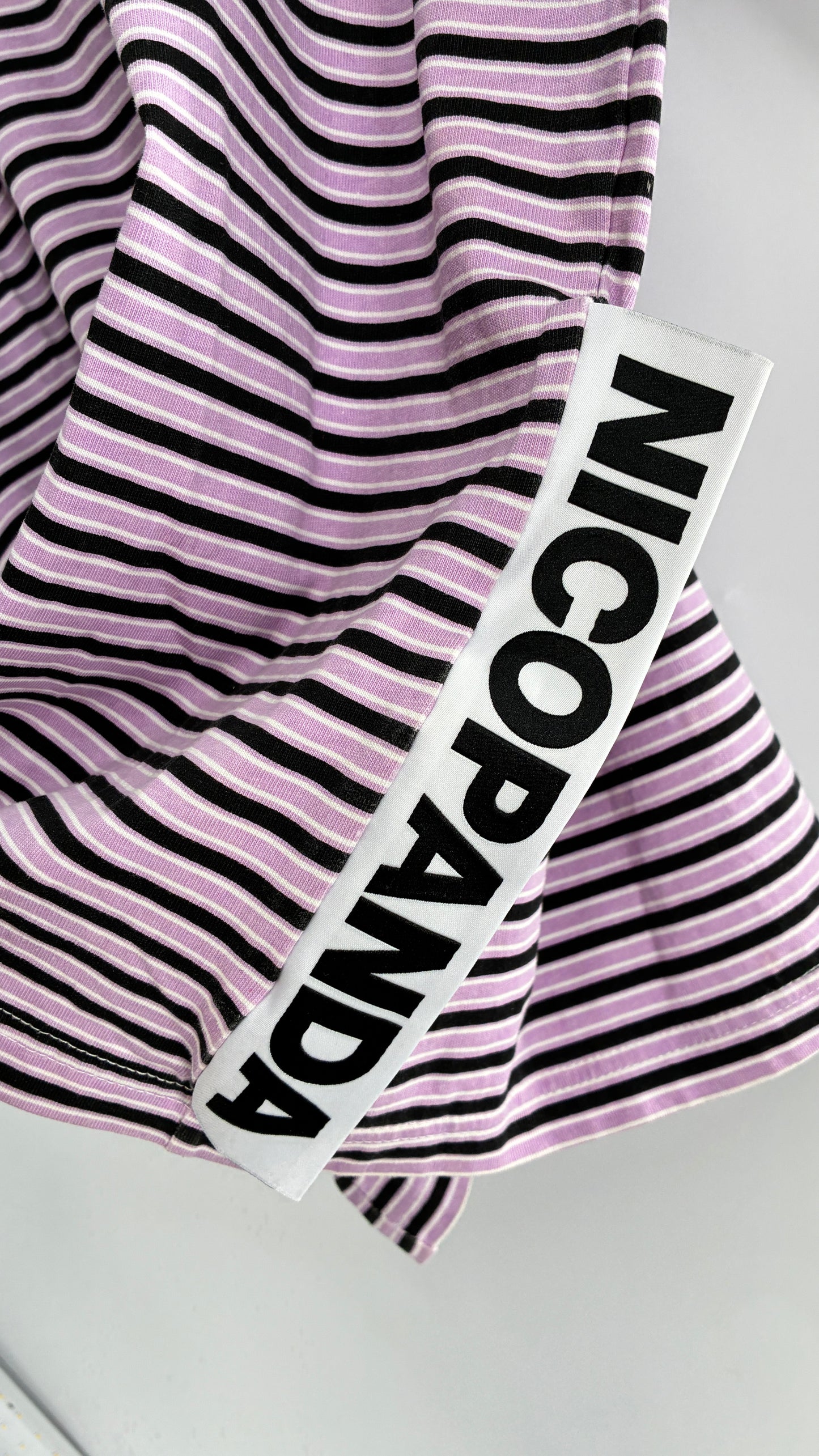 NICOPANDA Purple Black Striped Oversized Boxy T Shirt (Large)