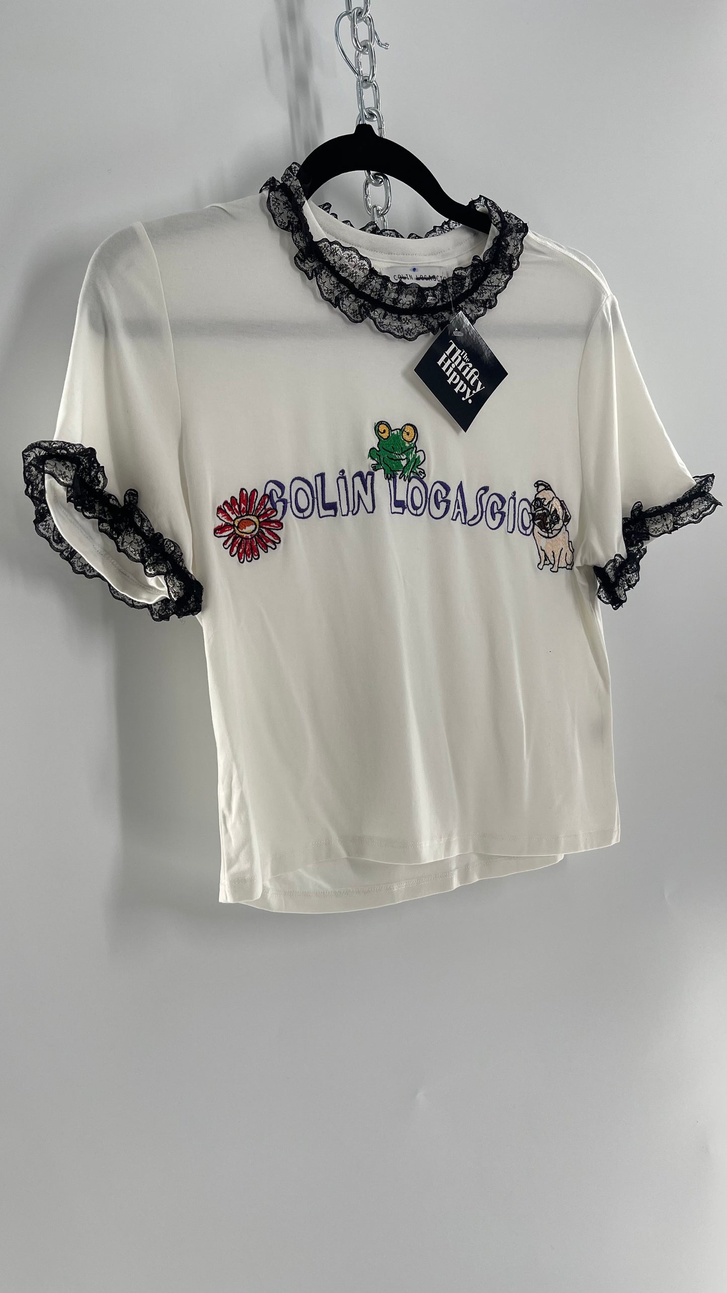 Colin Locascio Tannie T Shirt White Black Lace Ruffle Sleeves Frog Embroidery (Small)