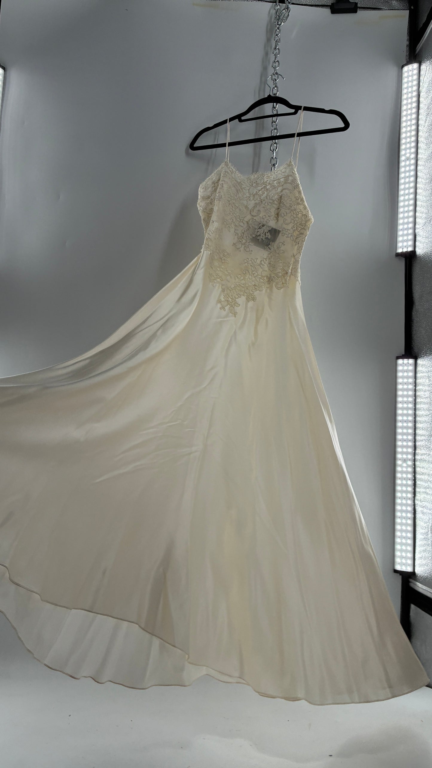 Vintage JONQUIL 100% Silk Gown with Heavy Lace Appliqués and Low Cut Sheer Back (Medium)