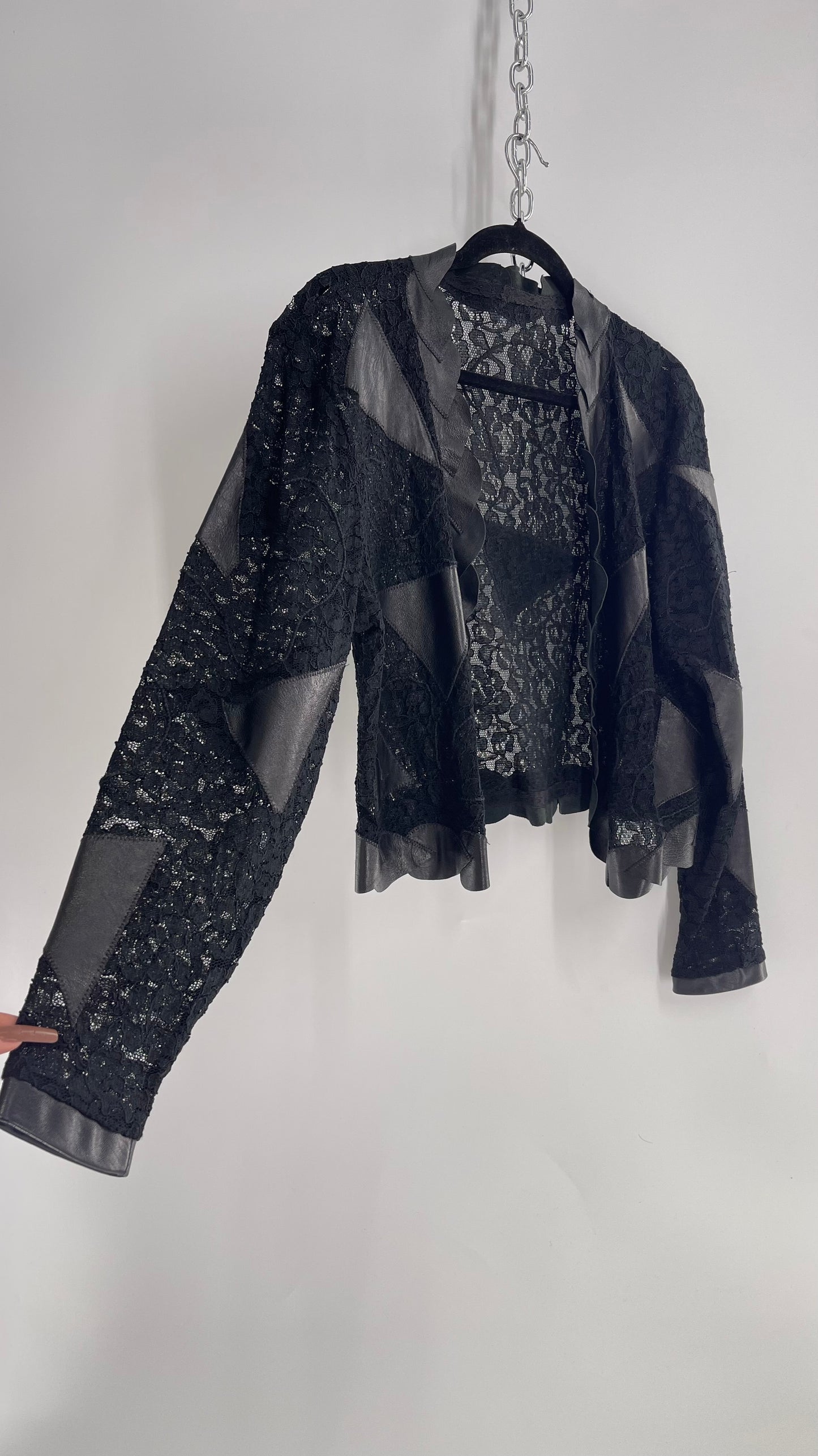 Vintage Black Lace Jacket with Genuine Black Leather Patches and Lining (M/L)
