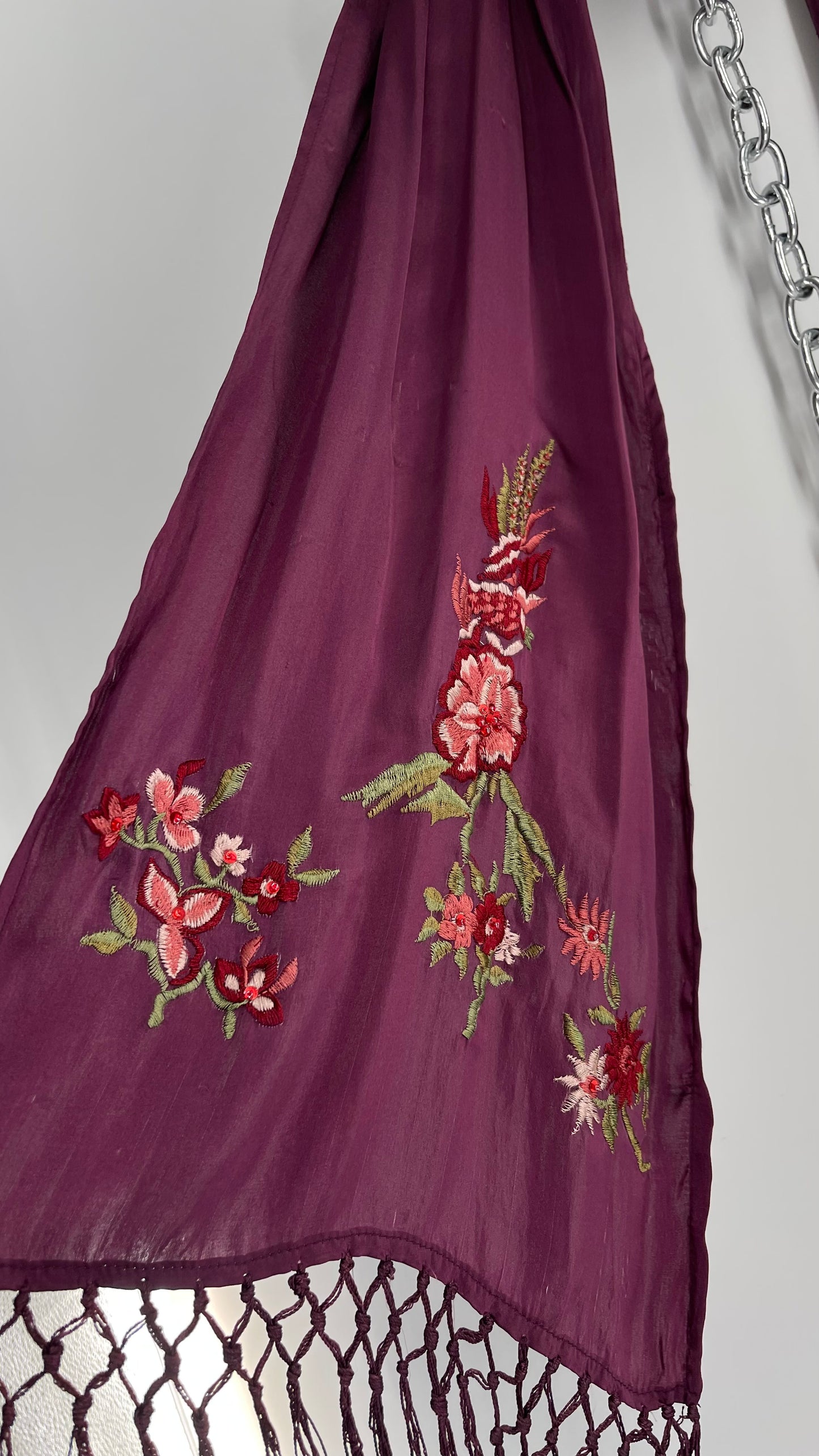 April Cornell 100% Silk Purple Embroidered Florals Fringe Scarf