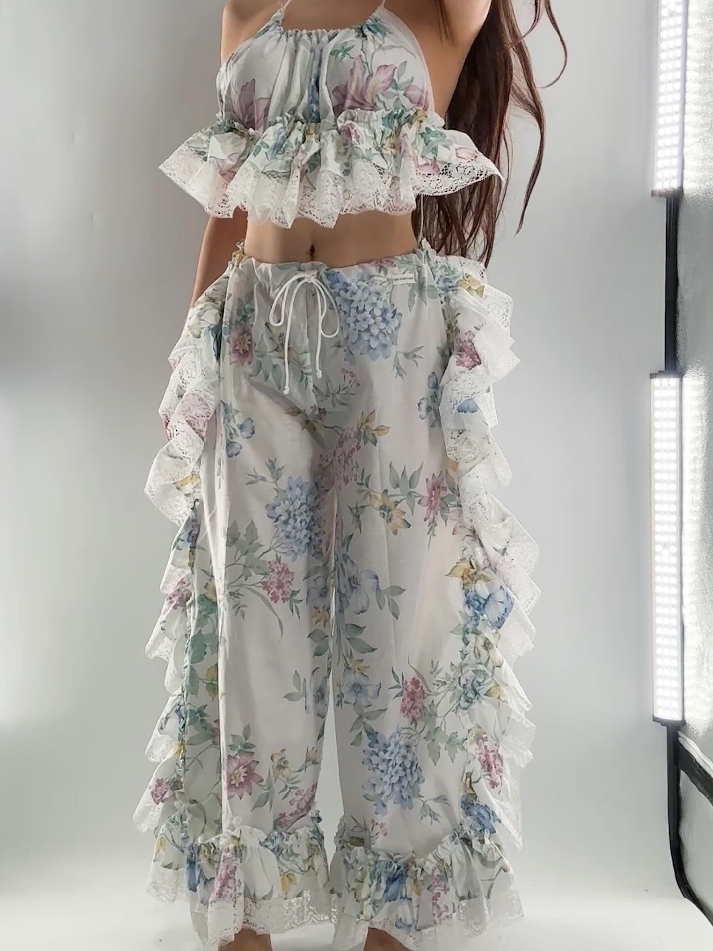 Handmade Vintage 2Piece Muted Pastels, Wispy Florals Ruffled Bum Set (XS-XL)