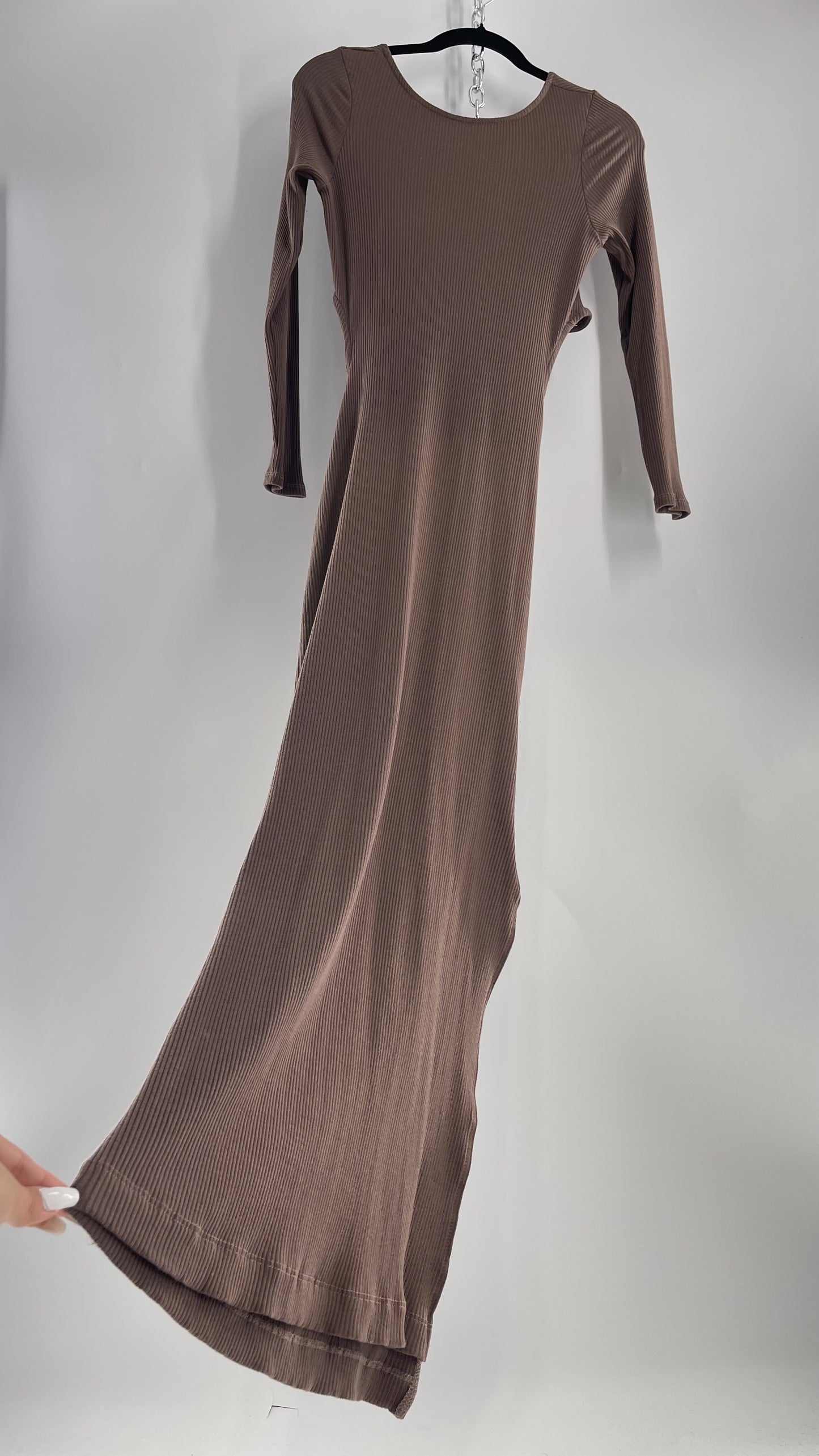 Free People Brown Ribbed Maxi Dress with Low Open Back and Dramatic Tie Detail (Large)