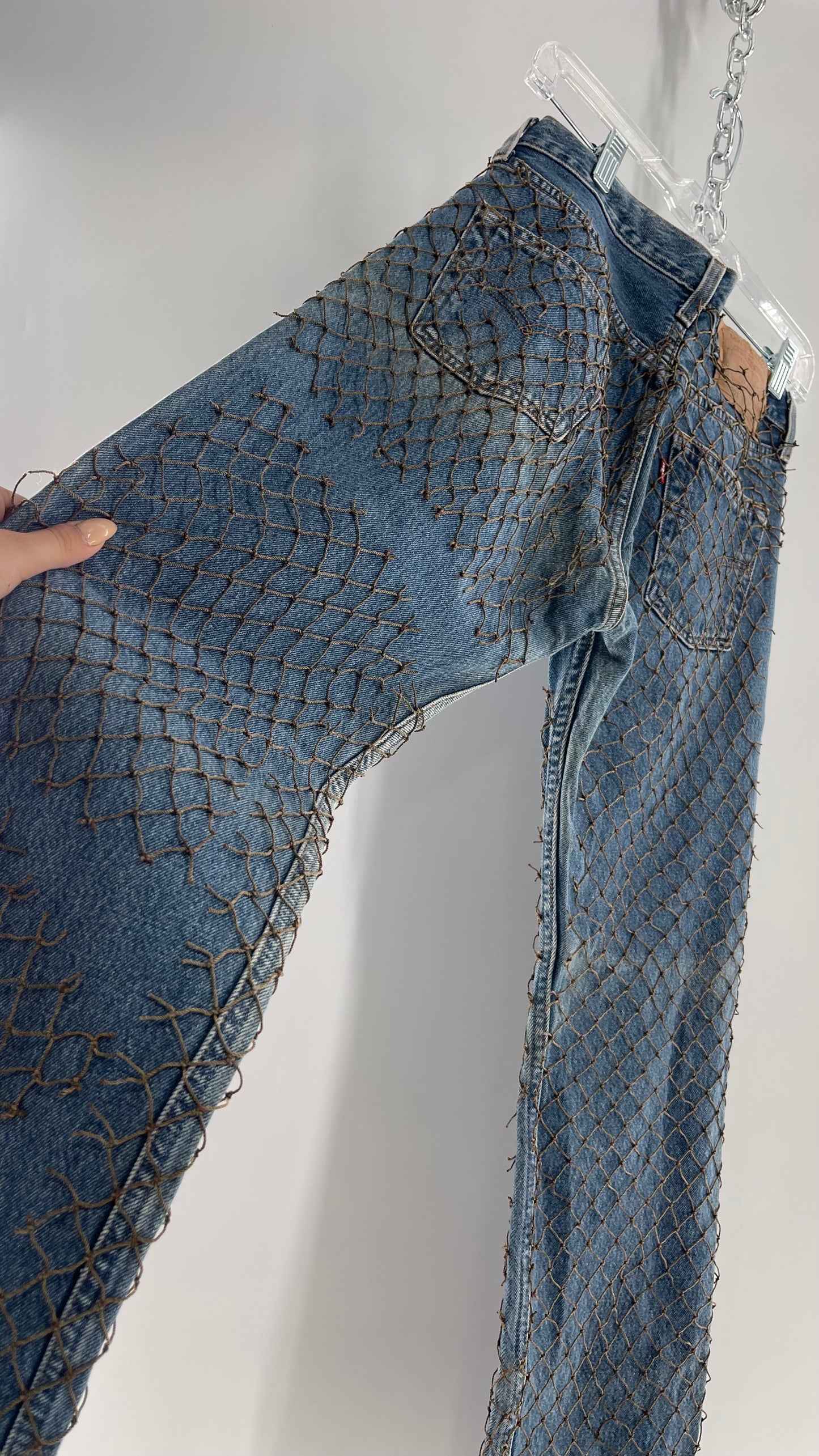 Custom - Fishnet Levi’s with Grommets and Lace Up Sides (Waist 29 Length 30) Fits Like a 26*