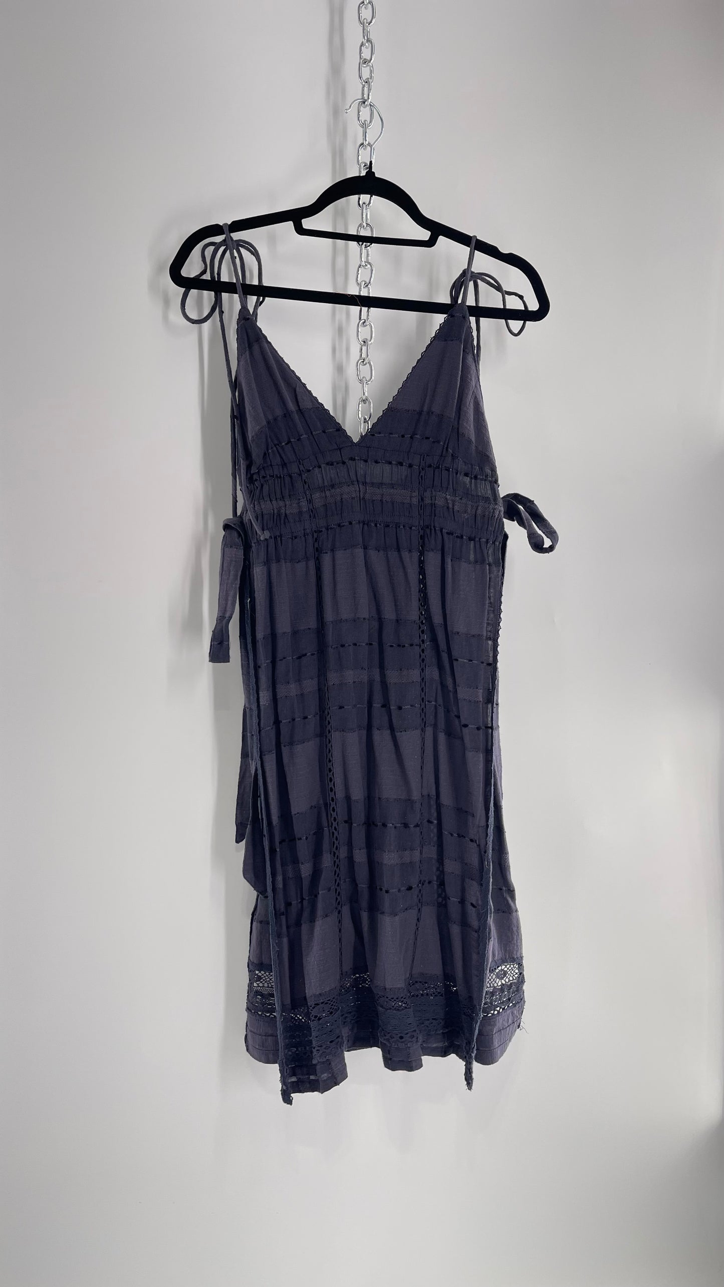 Free People Navy Blue Cotton Lace and Embroidered Open Tie Side Dress (M)