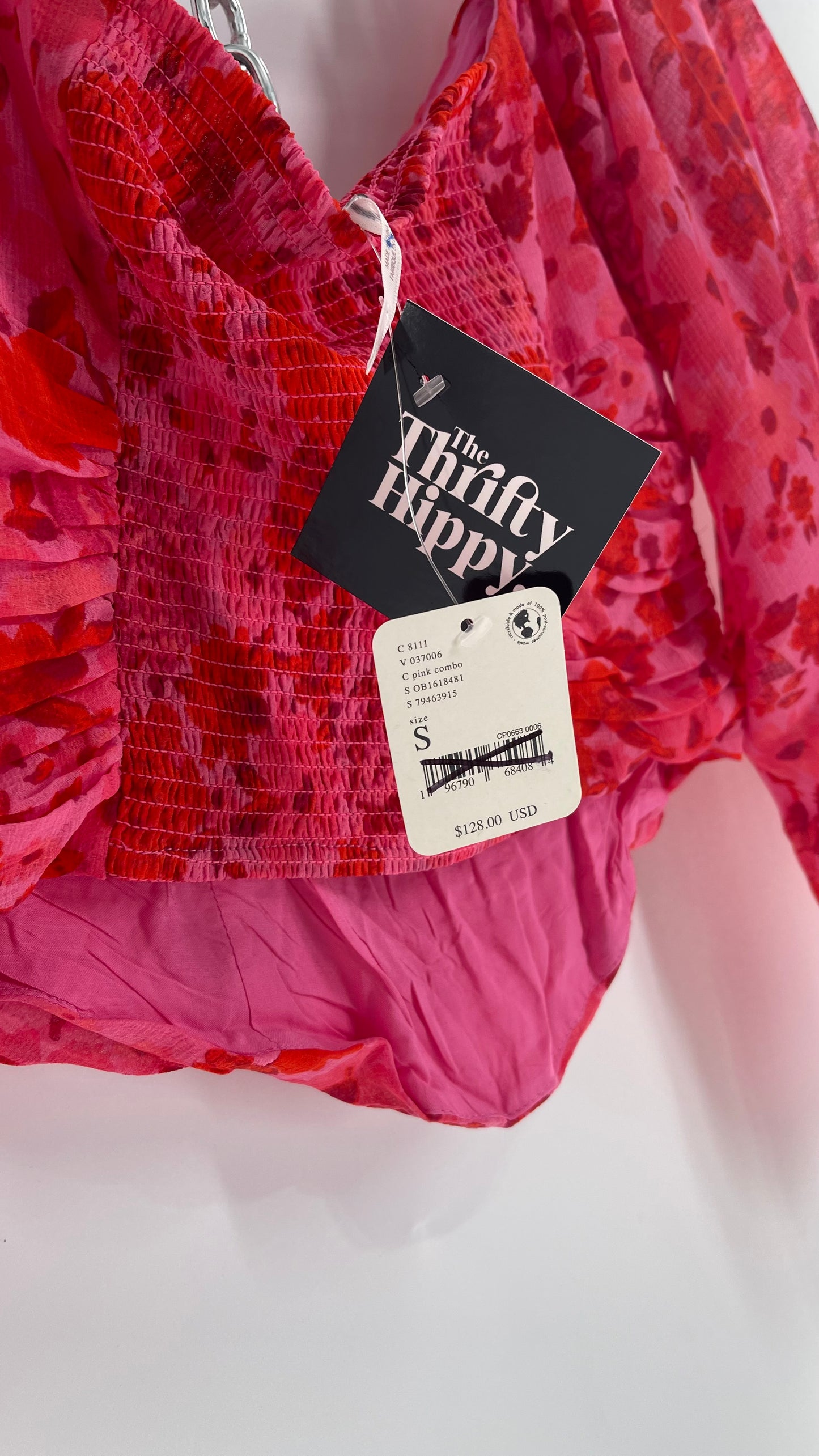 Free People Cropped Floral Blouse with Ruched Body, Balloon Sleeves and Appliqué Rosette Bustline with Tags Attached (Small)