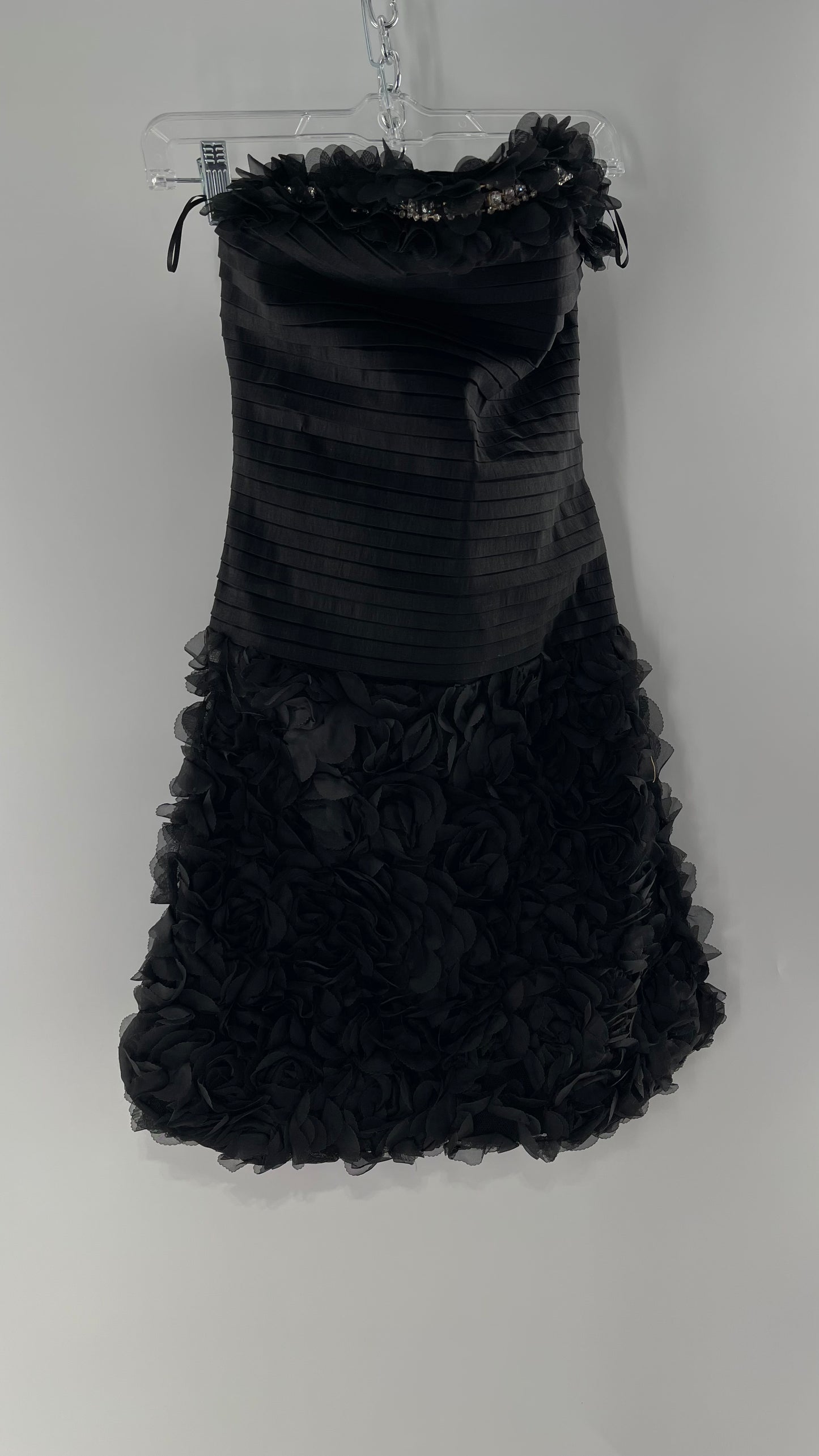 C.O:GWBG Black Dress with Pleated Bodice, Floral Ruffled Skirt and Bedazzled Bustline (S/M)