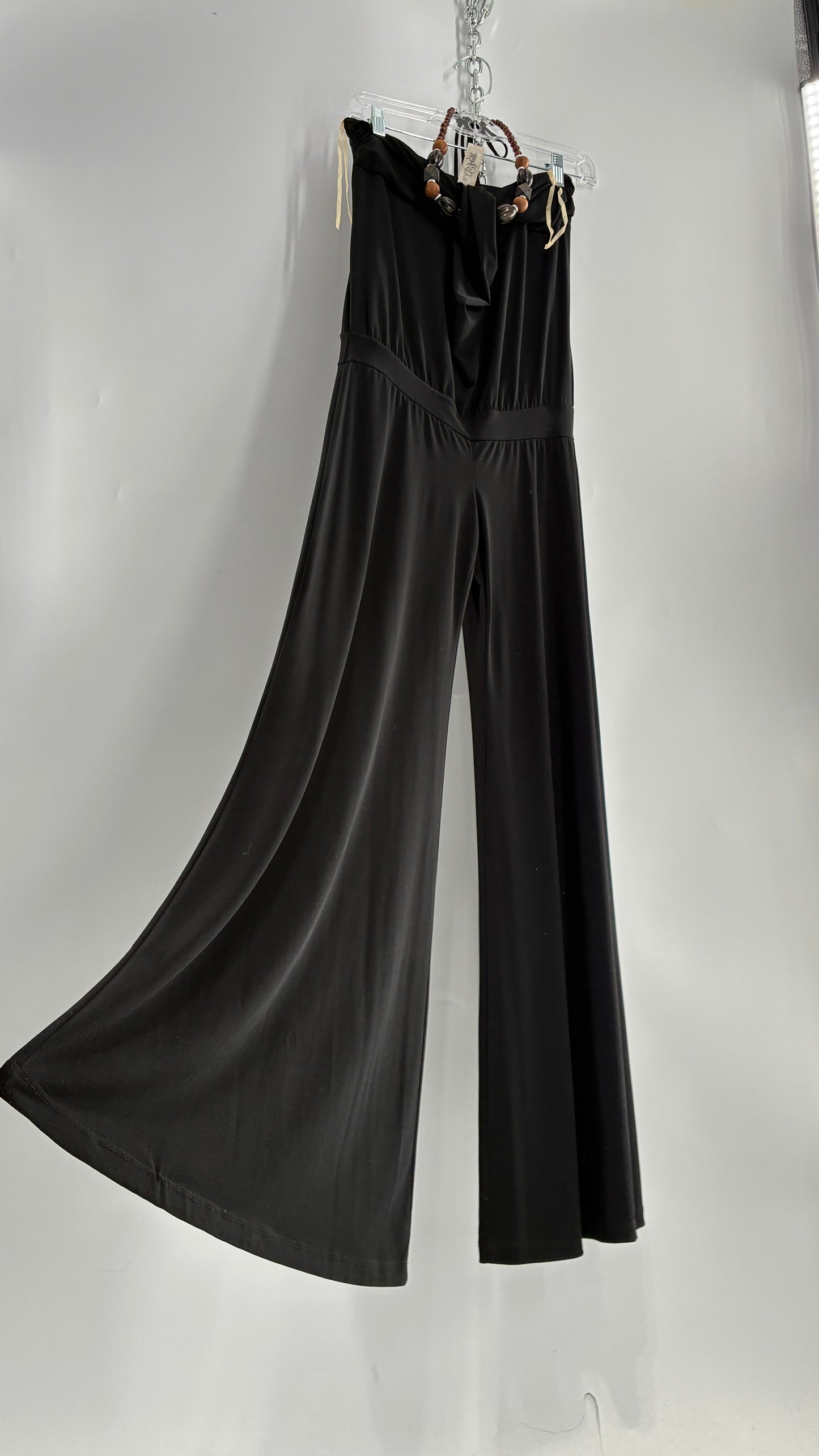 Vintage L8ter 1990s Black Drop Waist Wide Leg Jumpsuit with Beaded Choker Halter (Small)