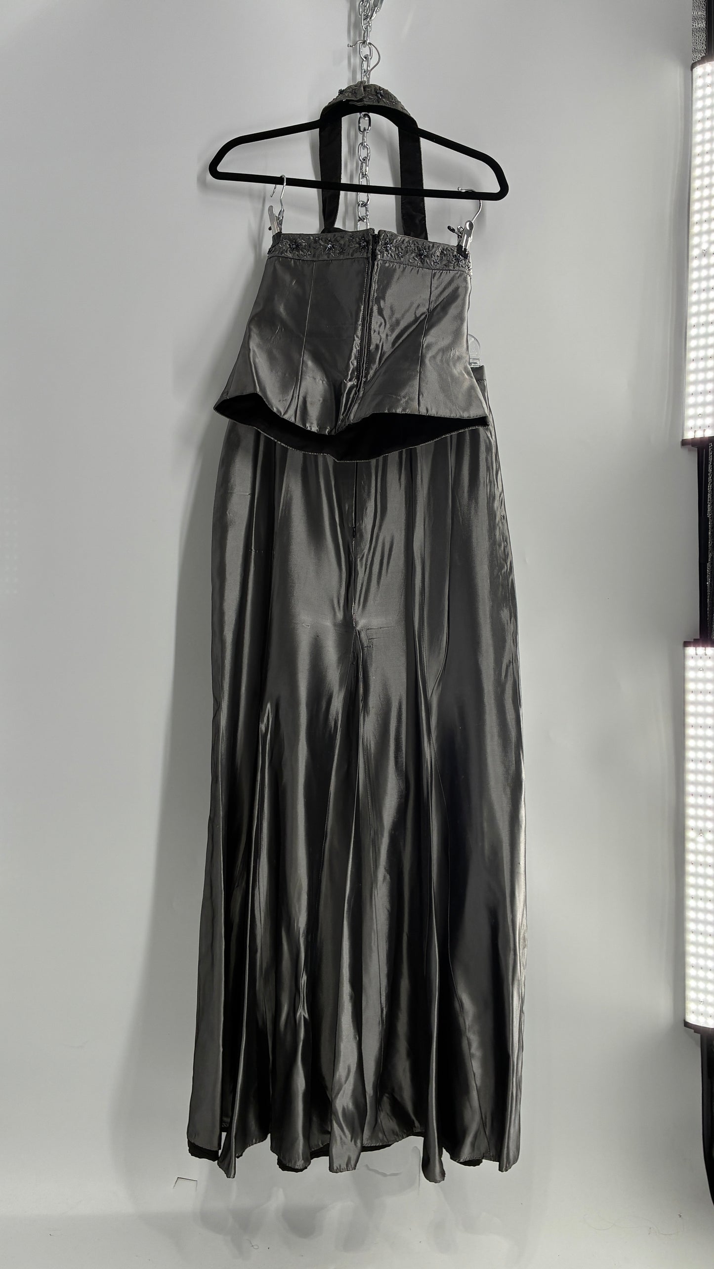 Vintage 1990s Davids Bridal SET Metallic Silver Corseted + Beaded Halter and Full Length Skirt (6Top, 8Skirt)