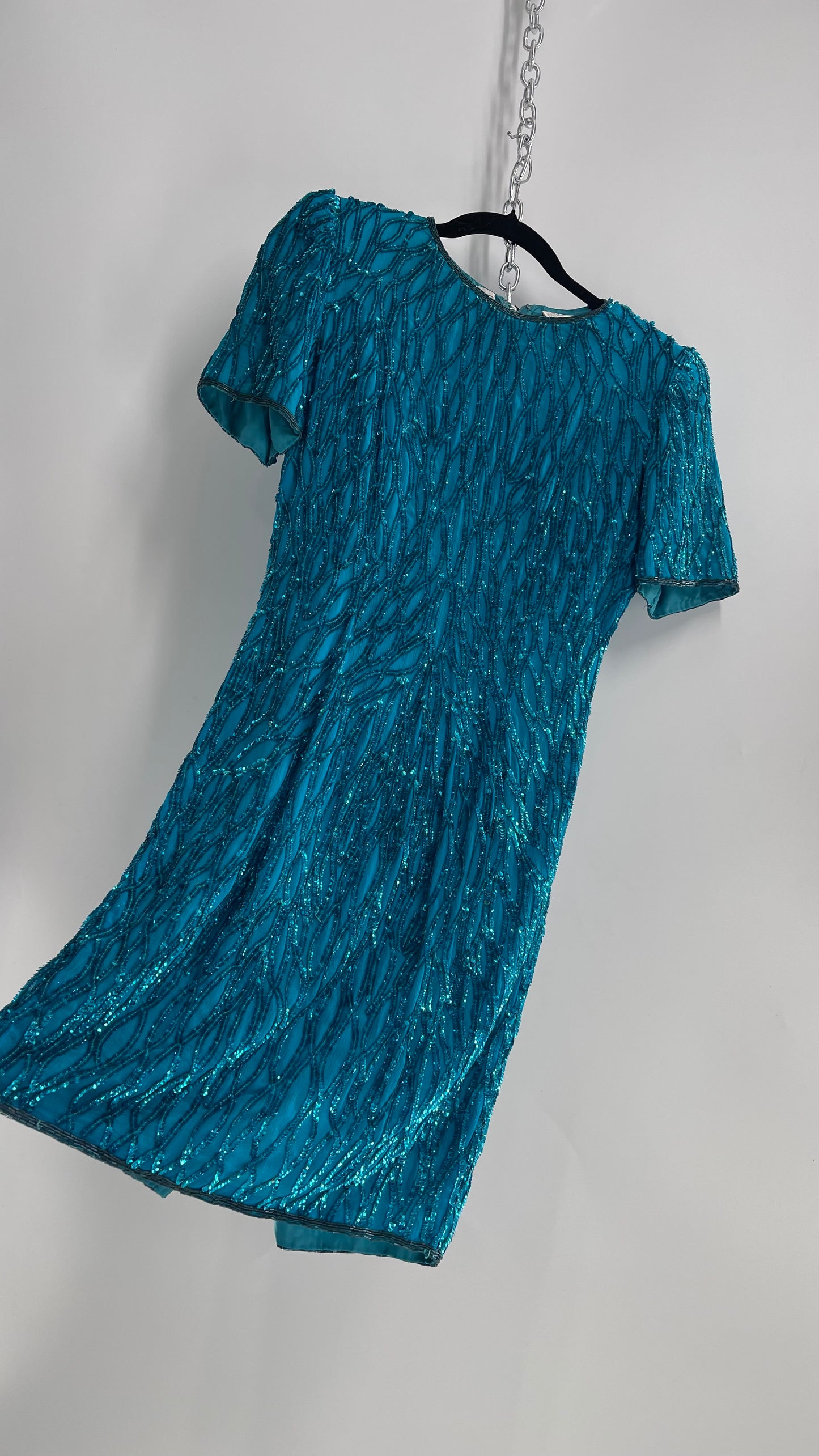 Vintage Sténay 100% Silk Bright Blue Sequin Mini Dress (4)