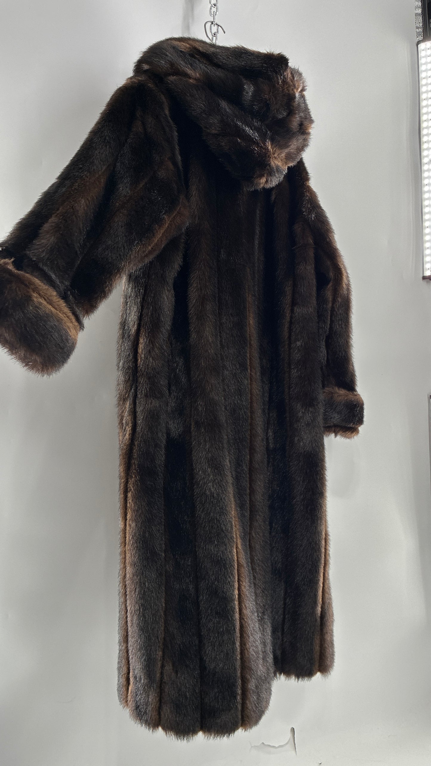 Vintage TALLY HO Hooded and Paneled, Vegan Fur Full Length Coat (Medium)