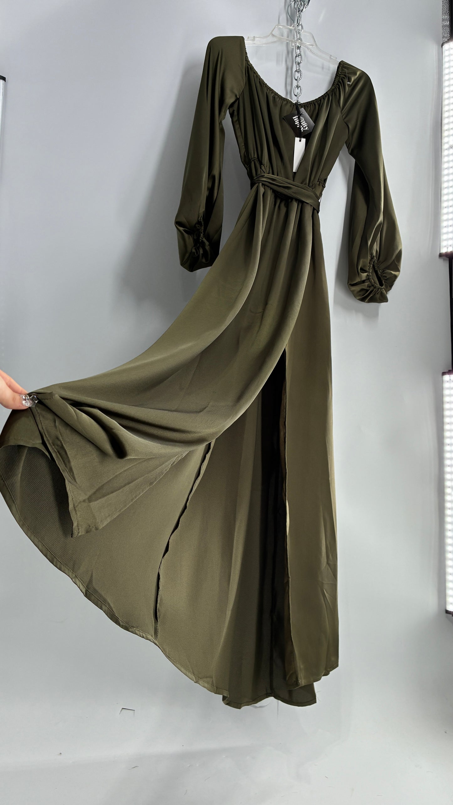 Dress Day Army Green Silky Balloon Sleeve Full Length Gown with Slit and Tags Attached (Medium)