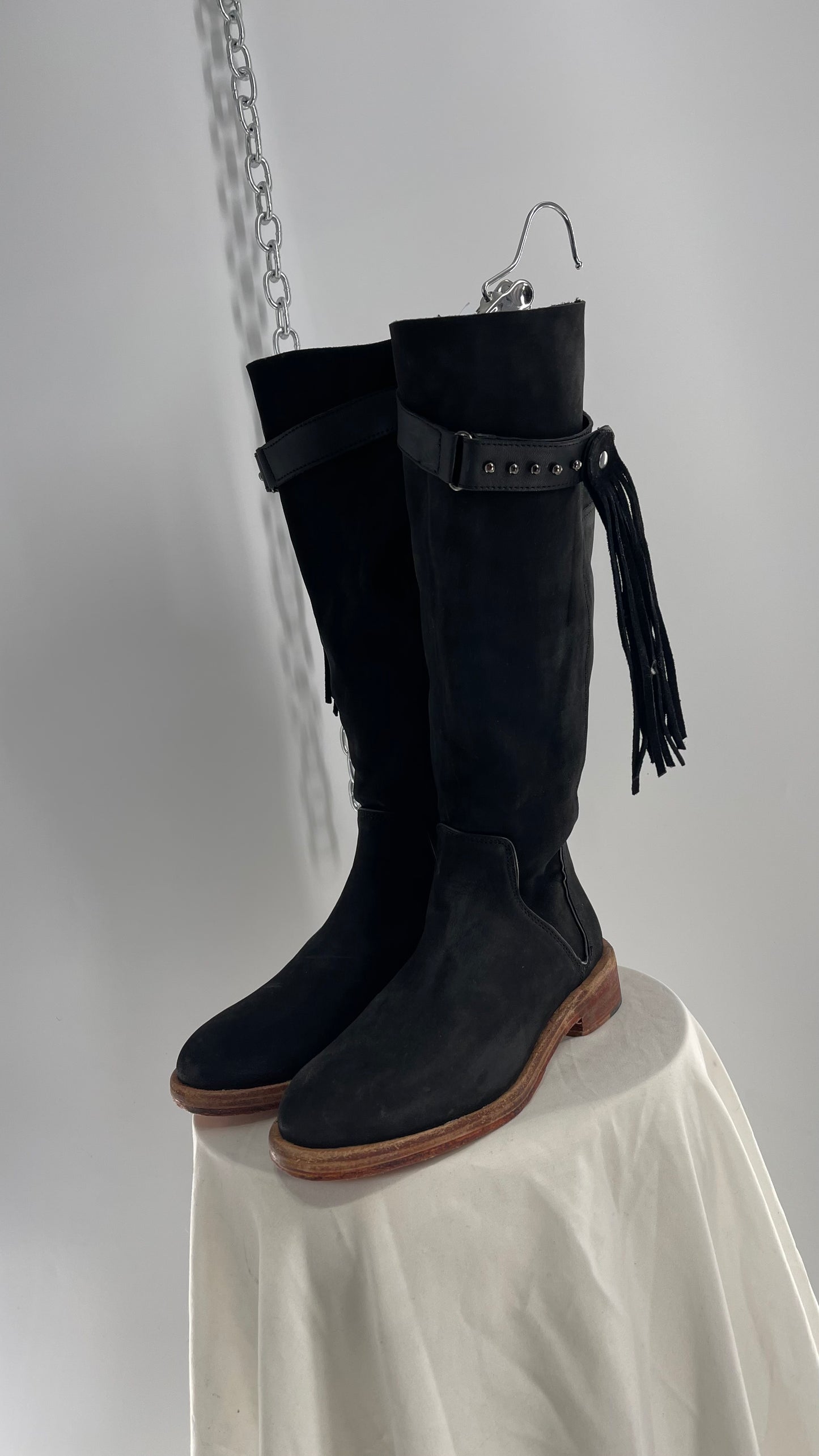 Free People Sayre Banks Slouchy Black Suede Leather Knee High Tassel Side Buckle Boot (38)