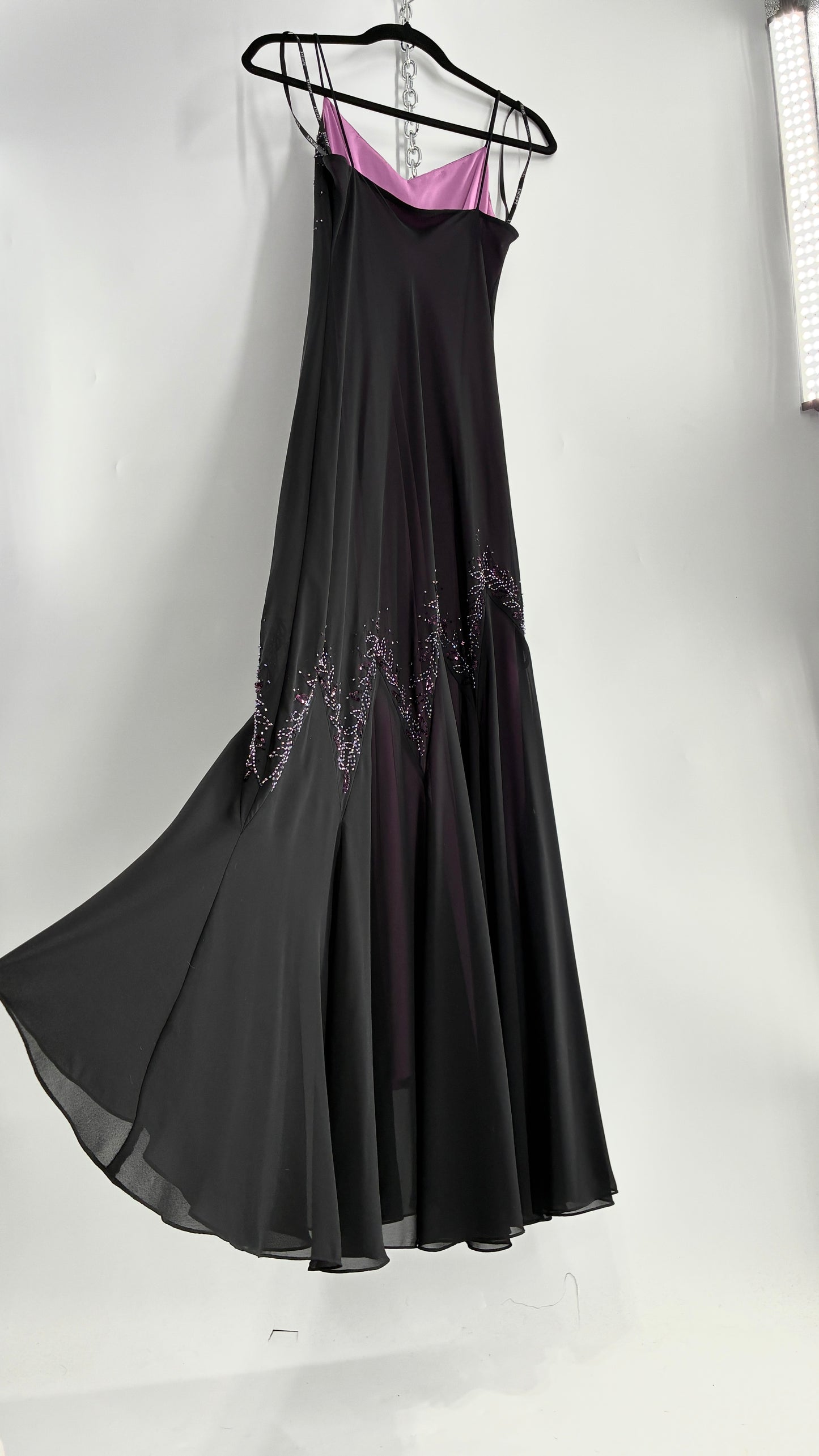 Vintage XSCAPE Full Length Black Beaded Gown with Purple Underlay (4)
