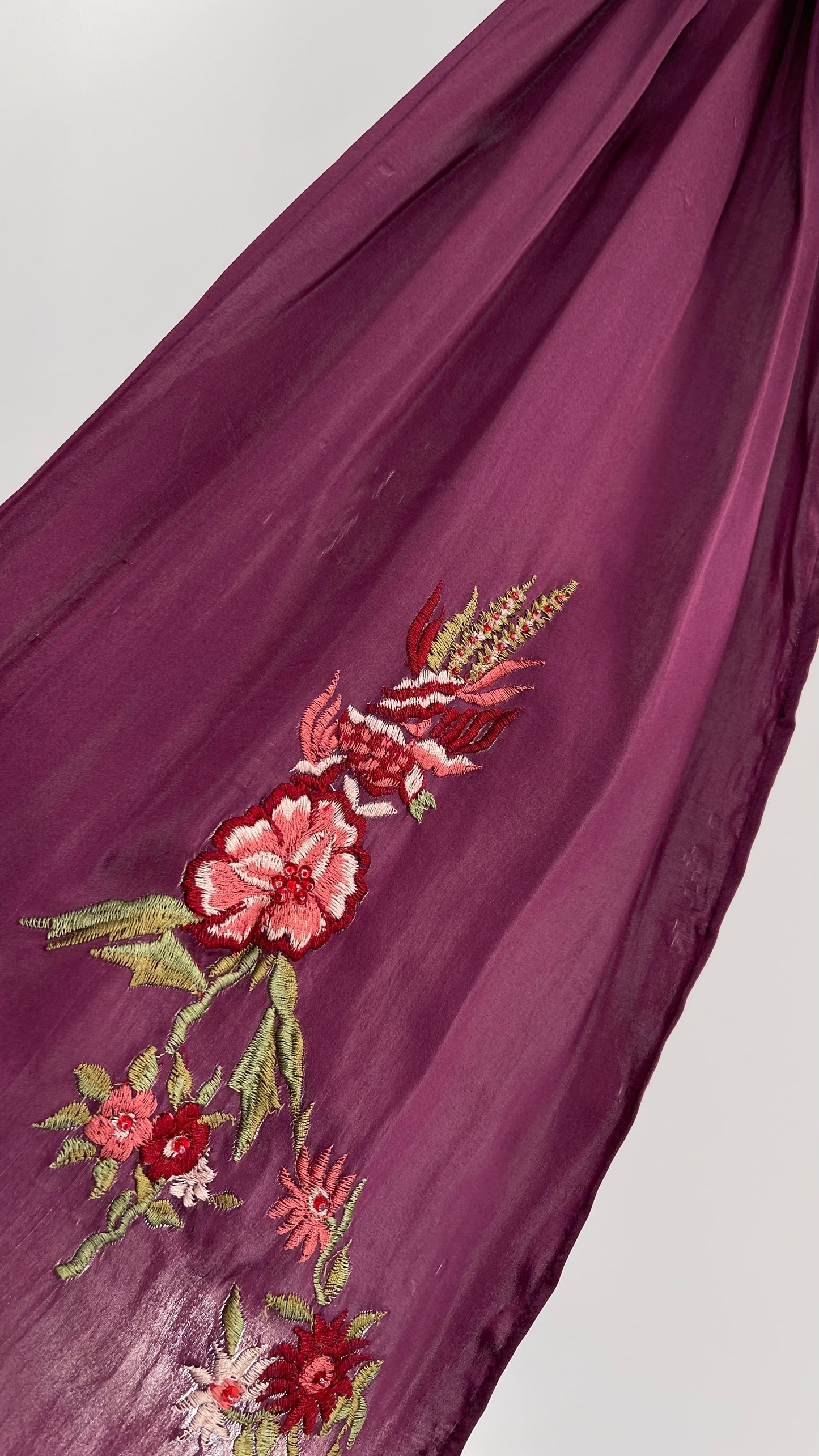 April Cornell 100% Silk Purple Embroidered Florals Fringe Scarf