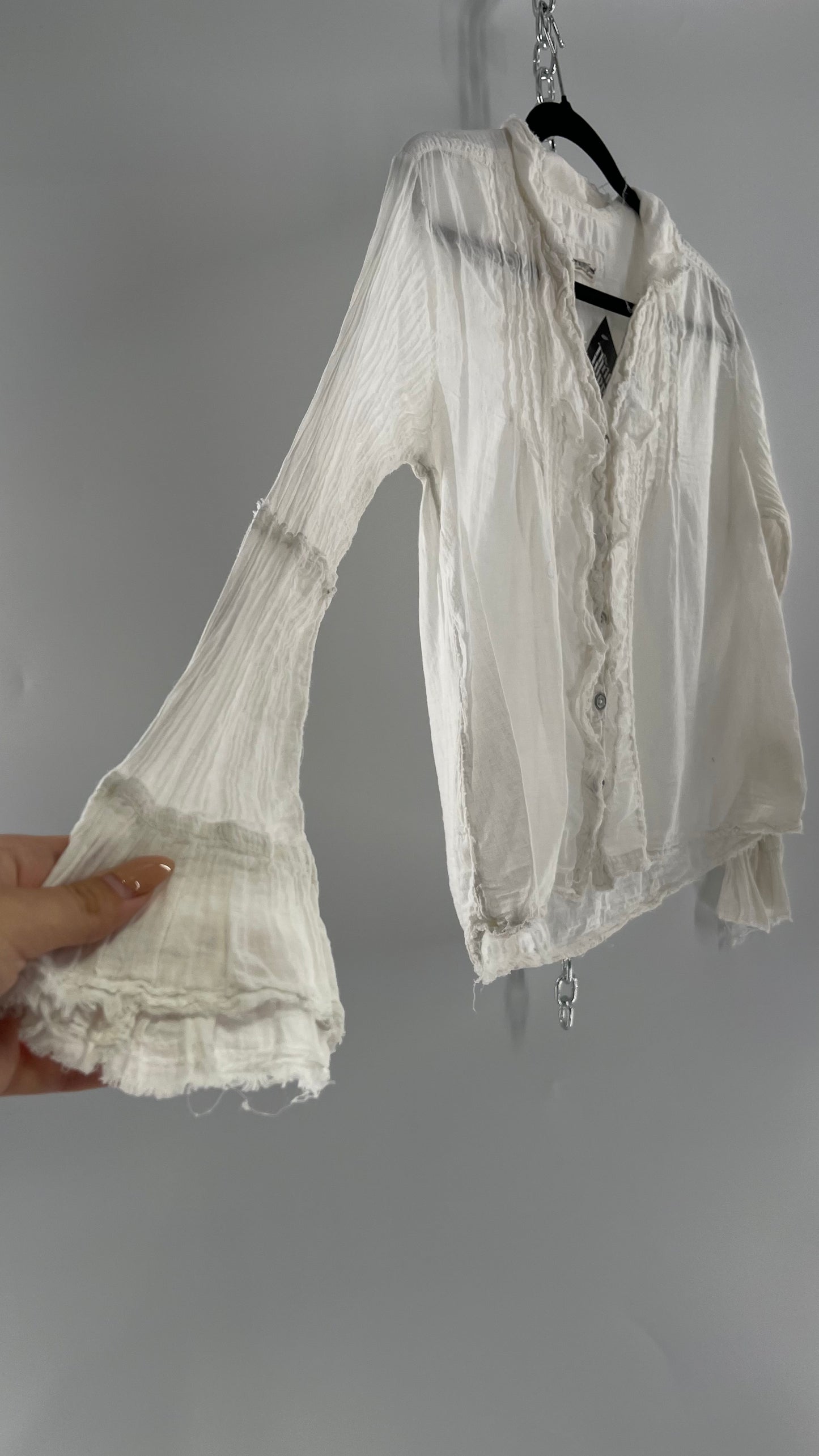 Free People White Cotton Ruffle Button Up with Crimped Sleeves (Small)