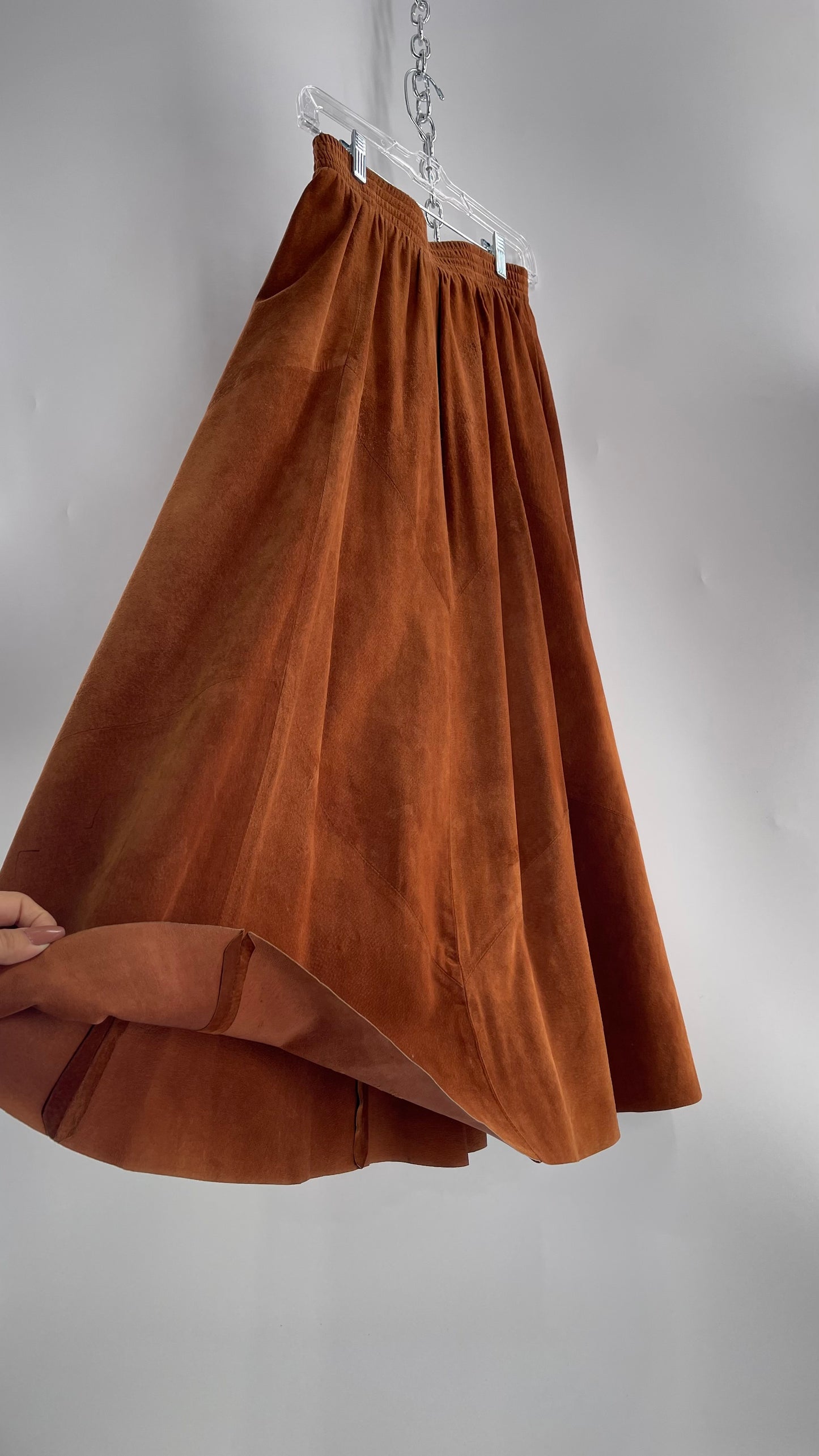 Vintage Brown Leather Suede Paneled Voluminous Skirt Assembled in Mexico (S)