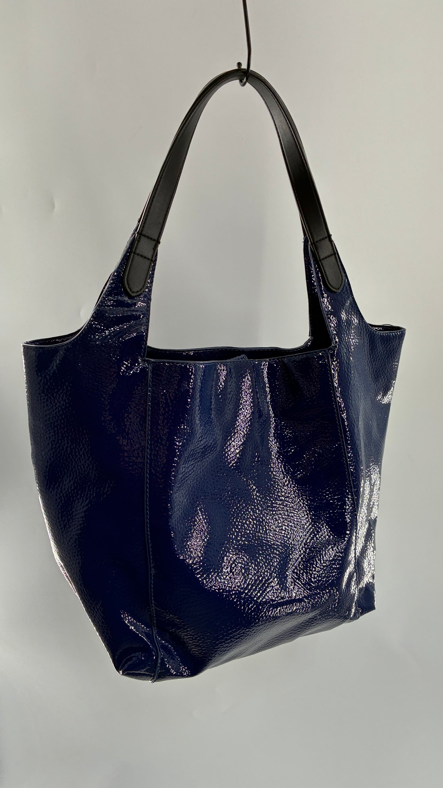 Vintage ARMANI EXCHANGE Navy Blue Patent Tote Bag with Contrasting Red Zipper