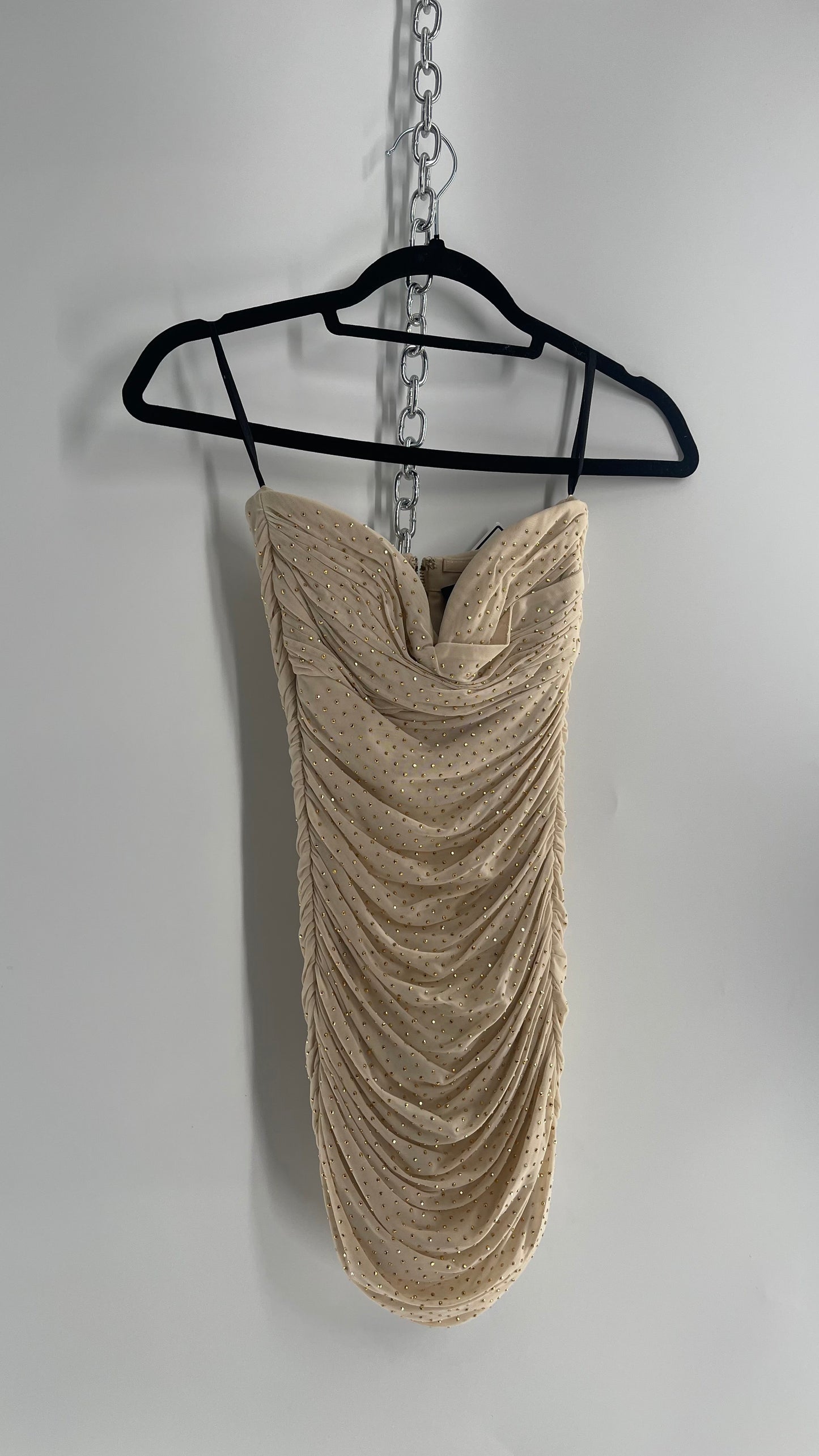 Vintage BEBE Beige Gold Studded, Ruched Mini Dress with Built In Corset (XXS)