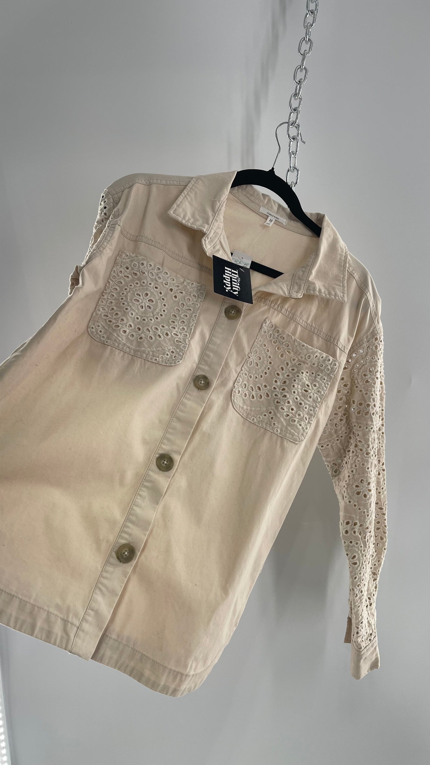 Maurices Anthropologie Beige Cotton Button Up with Eyelet Lace Sleeves and Pockets with Tags Attached (XS)