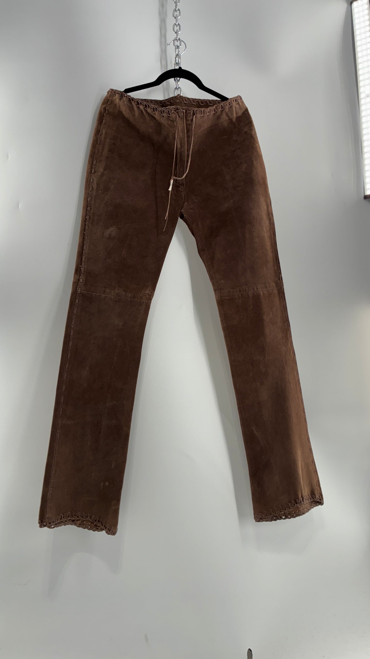 Vintage SWEET ROMEO Suede Leather Stitch Side, Braided Hem Pants (10)
