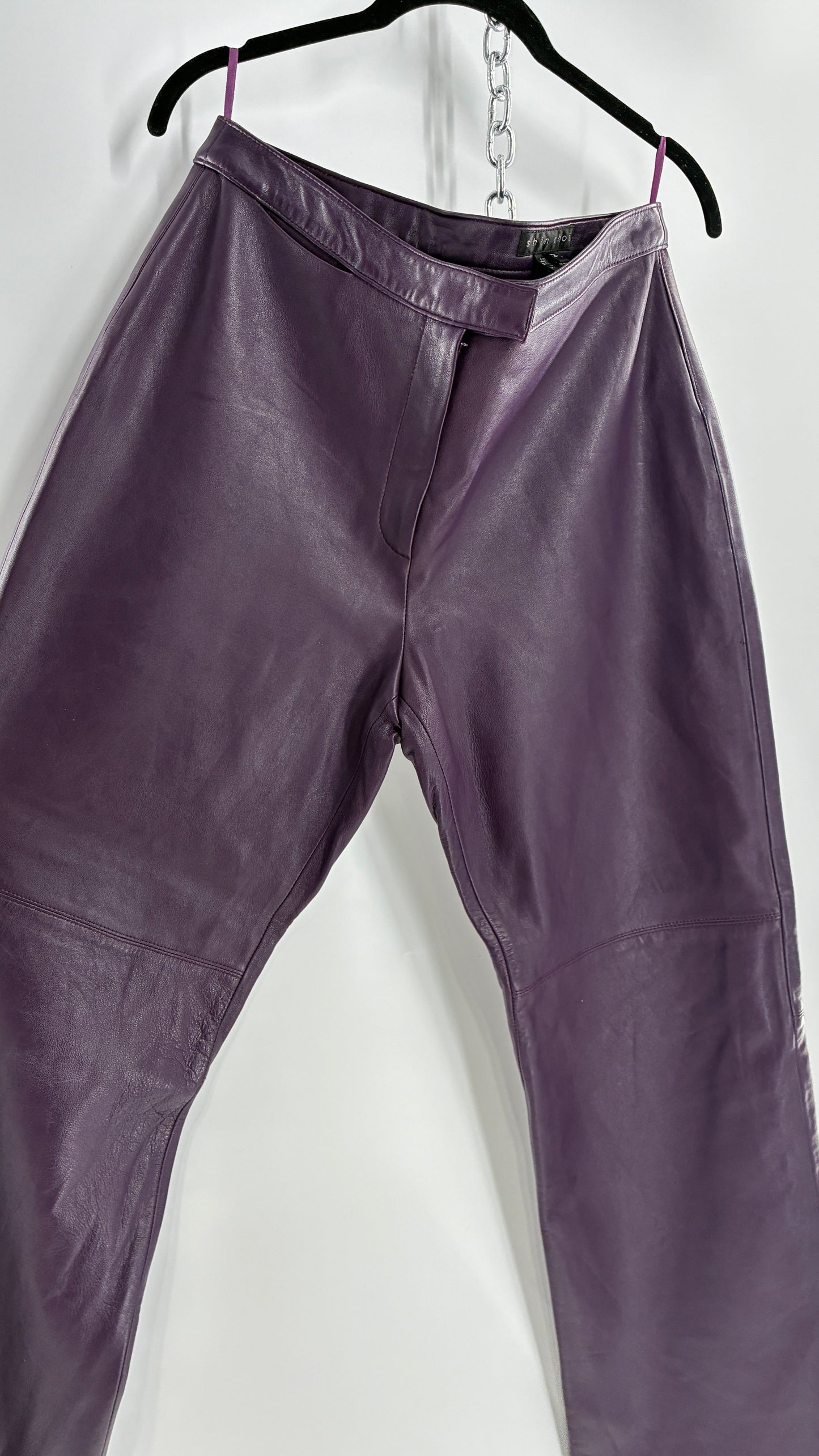 Vintage SHIN CHOI Genuine Italian Leather Purple Side Closure Low Rise Pants (12)