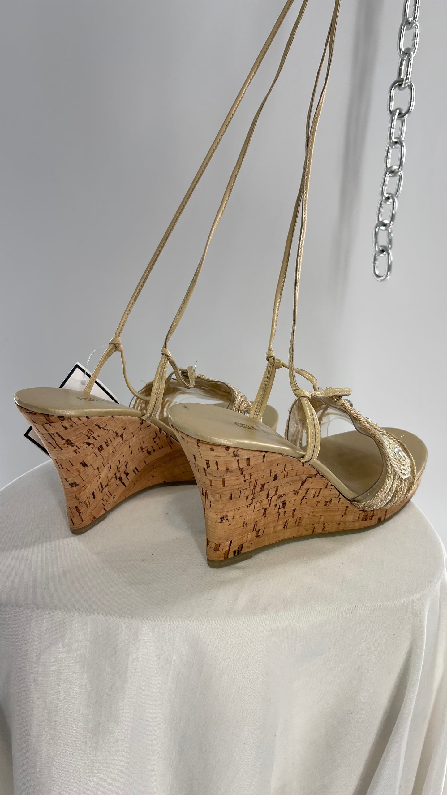 Vintage Bakers Cork Wedge Strappy Neutral Bedazzled Heel (8)